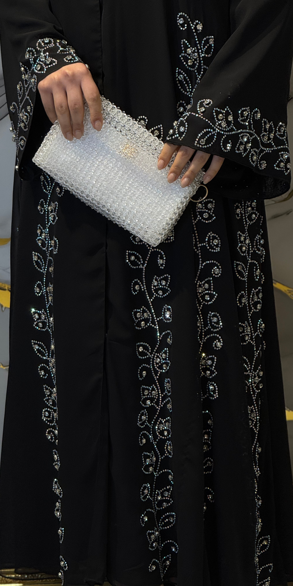 Lüks Janjan Taşlı Siyah Abaya - Etekleri Çiçek Desenli Özel Tasarım TM93 JSB