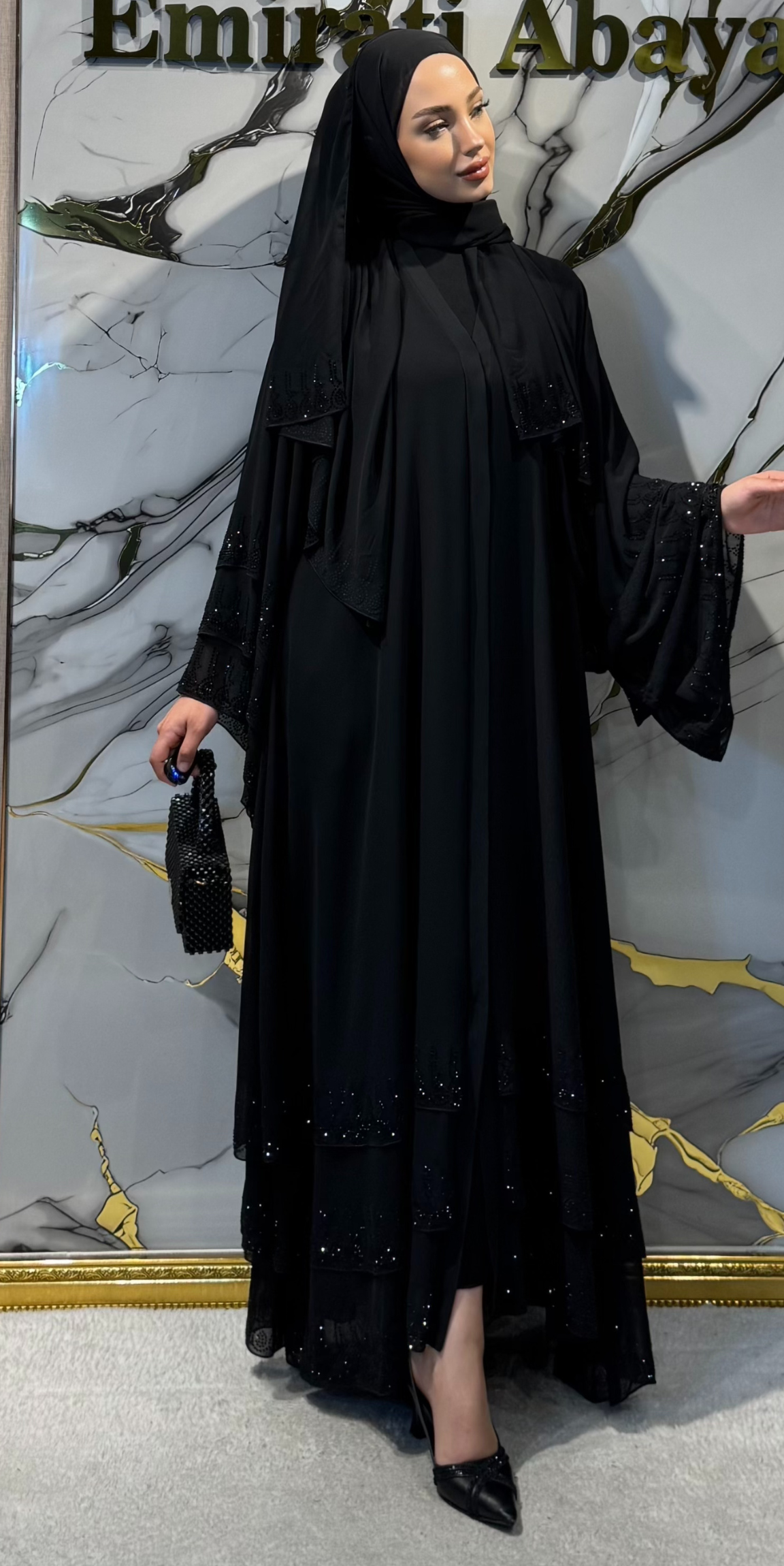 Etek Uçları Swarovski Taşlı Siyah Abaya TM07 BSB - Lüks Zarif Model
