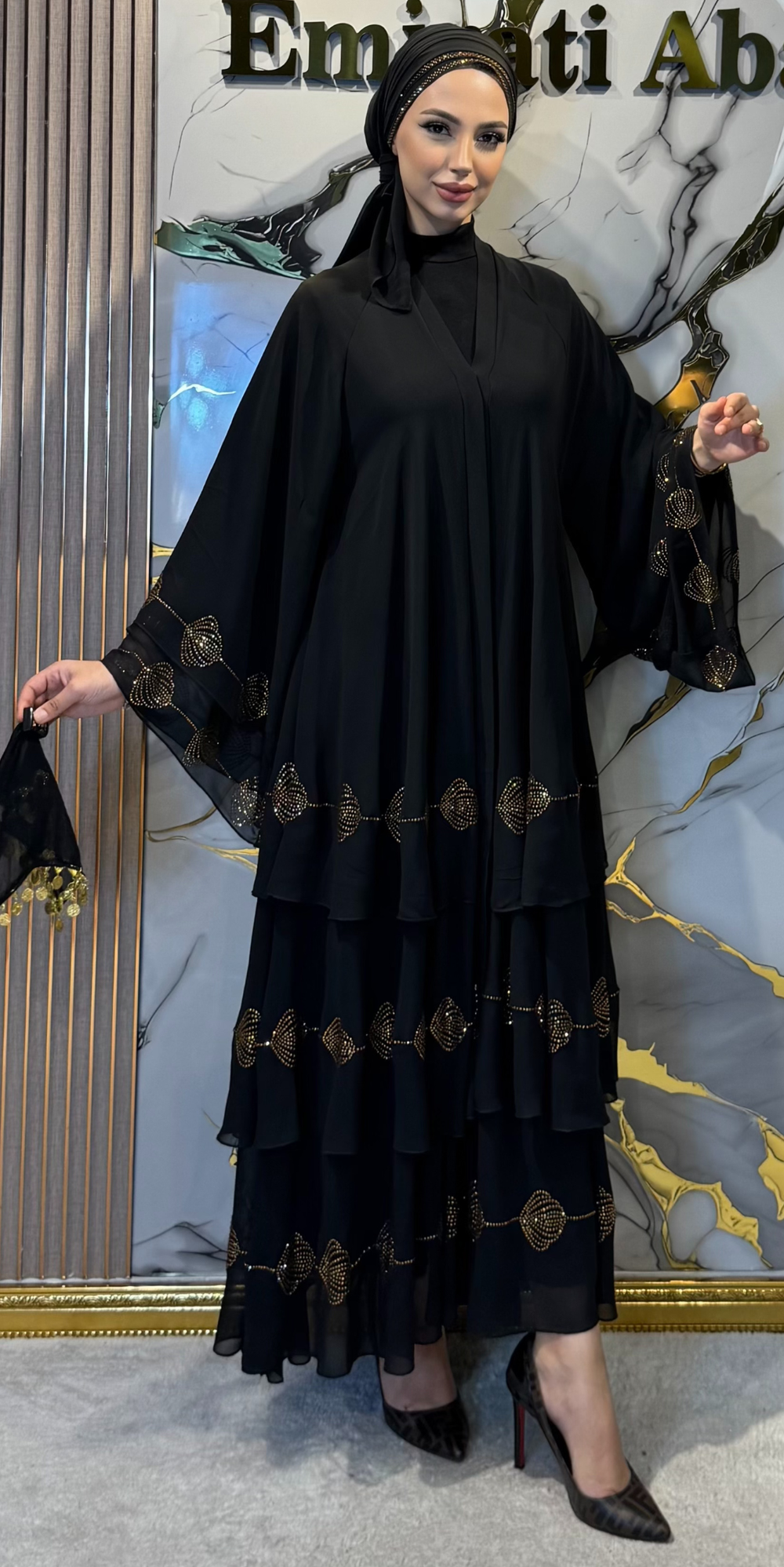 Üç Katlı Gold Çiçek Taşlı Siyah Şifon Abaya Şal Dahil  | TM33 GSB