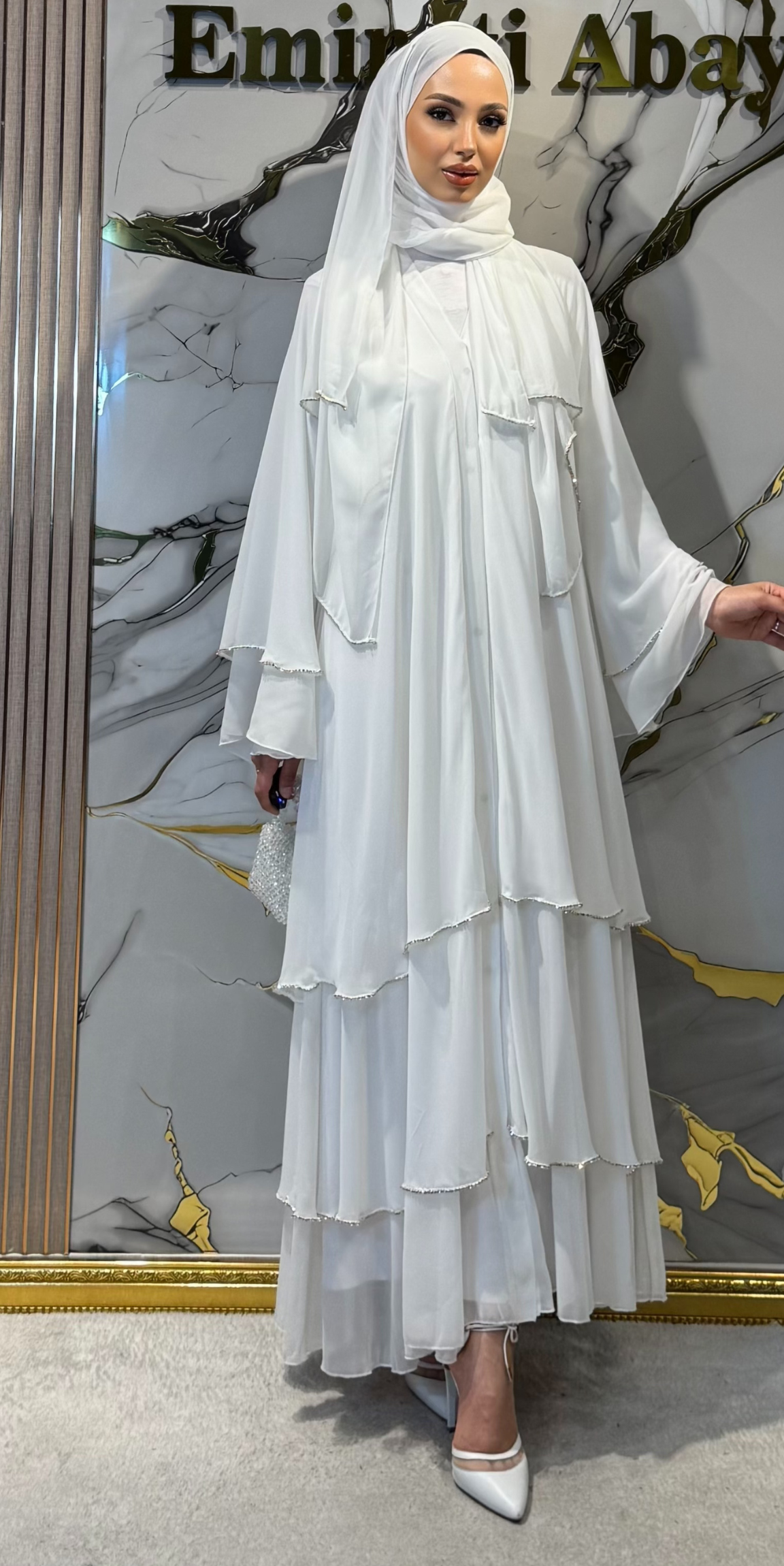Three-Layer White Chiffon Abaya RK011 WHITE - Elegant Model Including Snap Fastener Shawl and Belt
