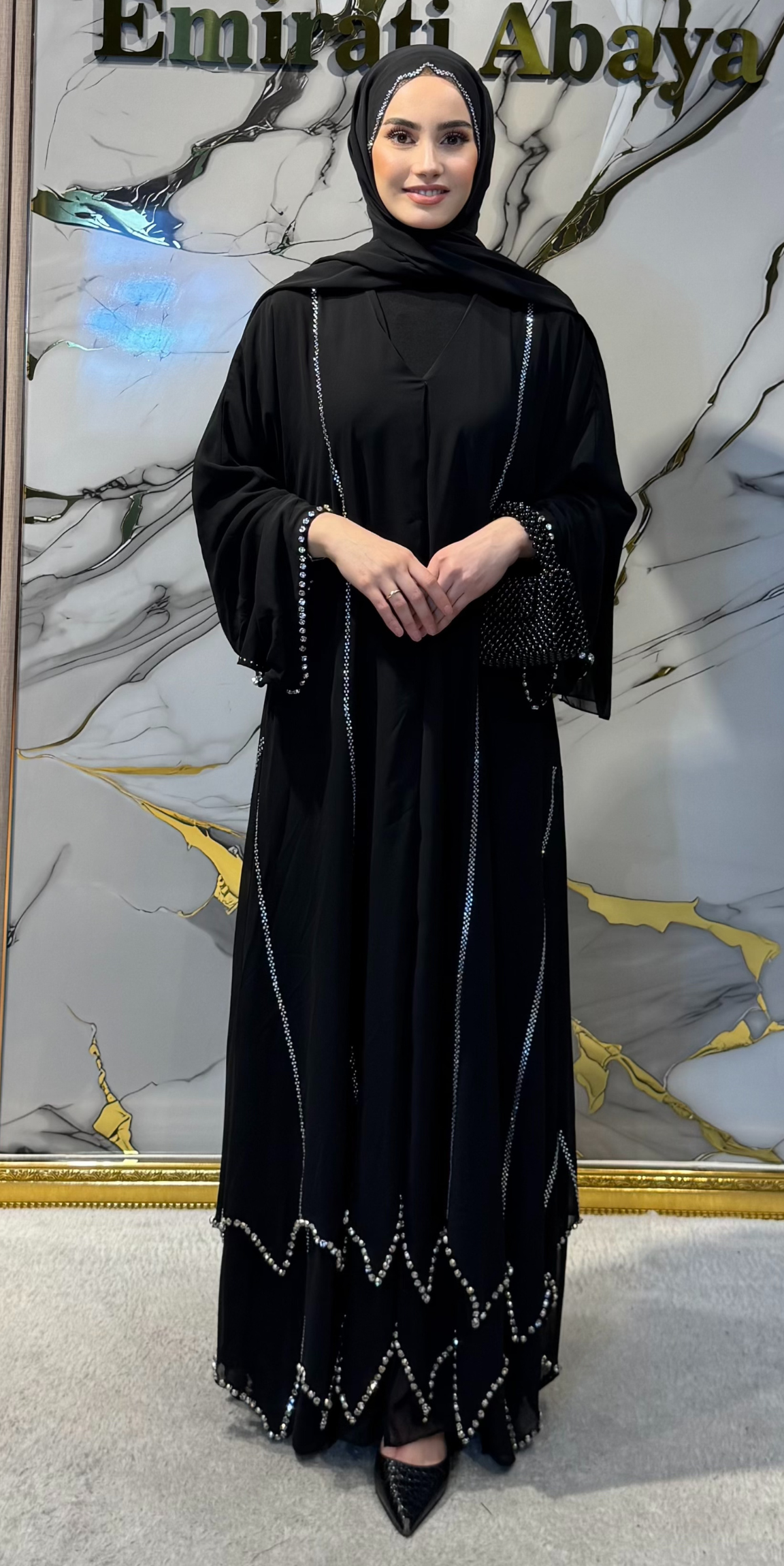 Kristal Taşlı Siyah Zikzak Şifon Abaya - Swarovski Gümüş Şeritli Model TM24 CWSB