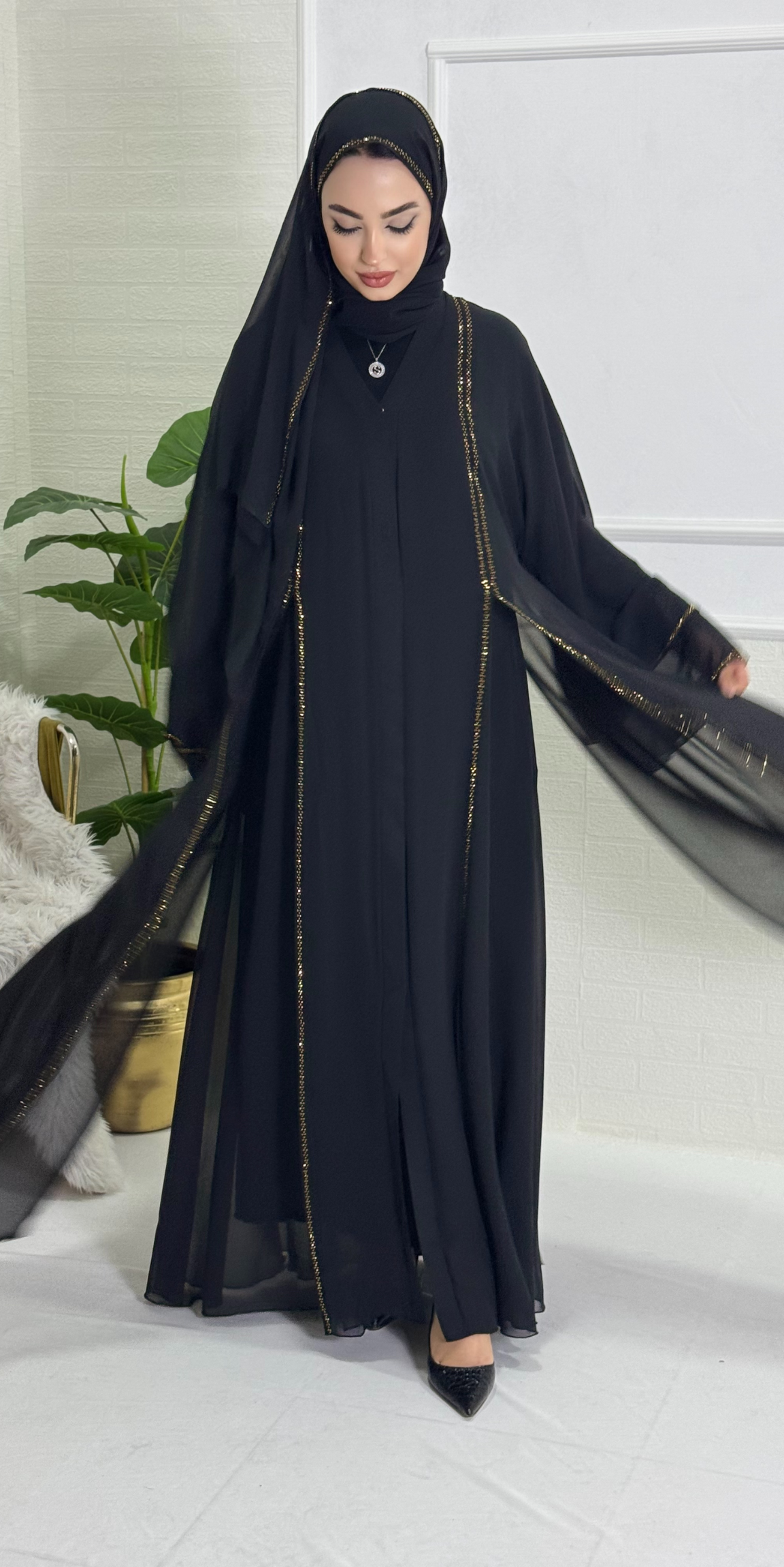 Black Abaya with Front Slit and Gold Stones