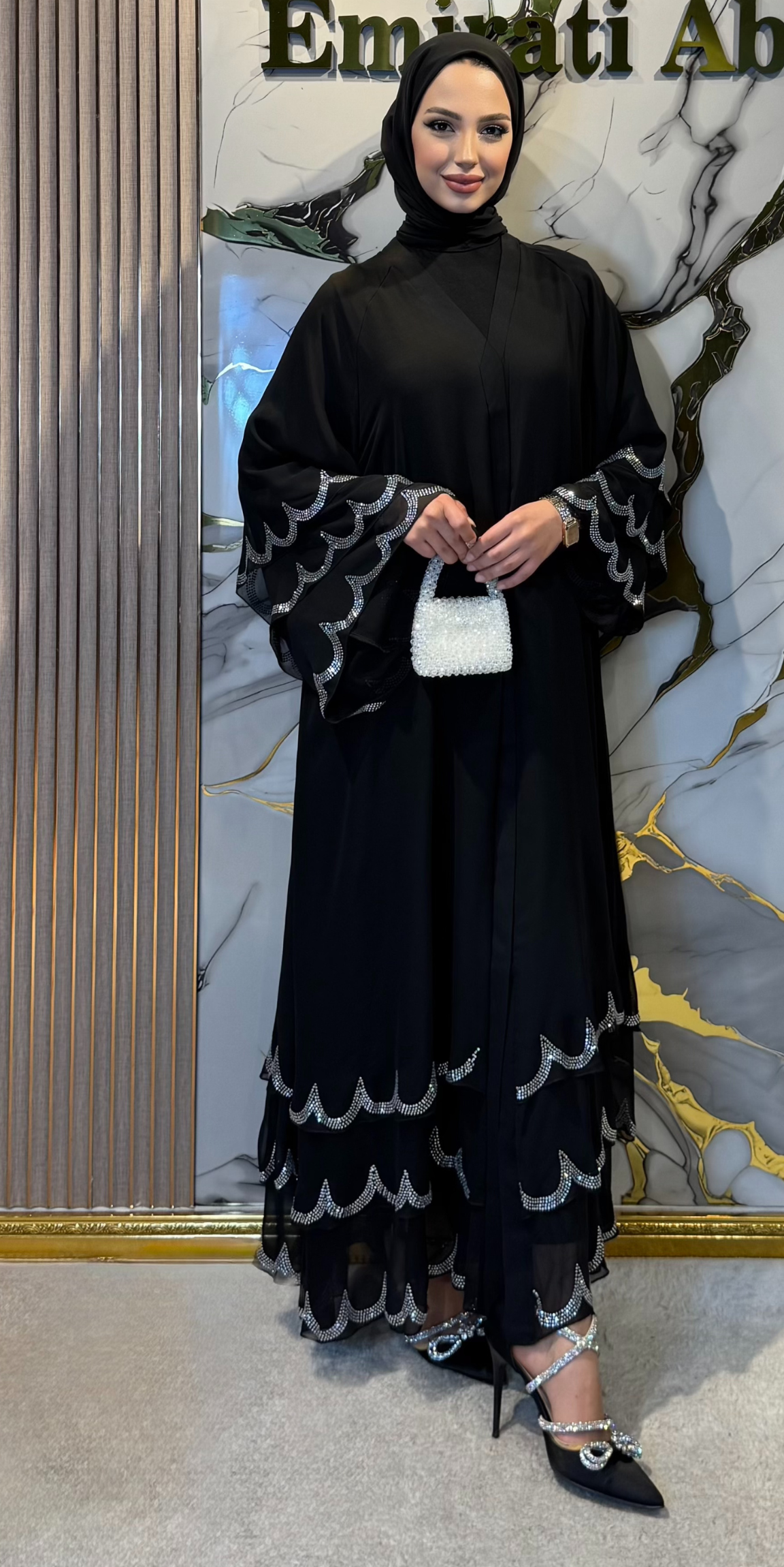 Black Abaya TM23 WSB with Swarovski Crystals on the Hem - Elegant Model Including Shawl