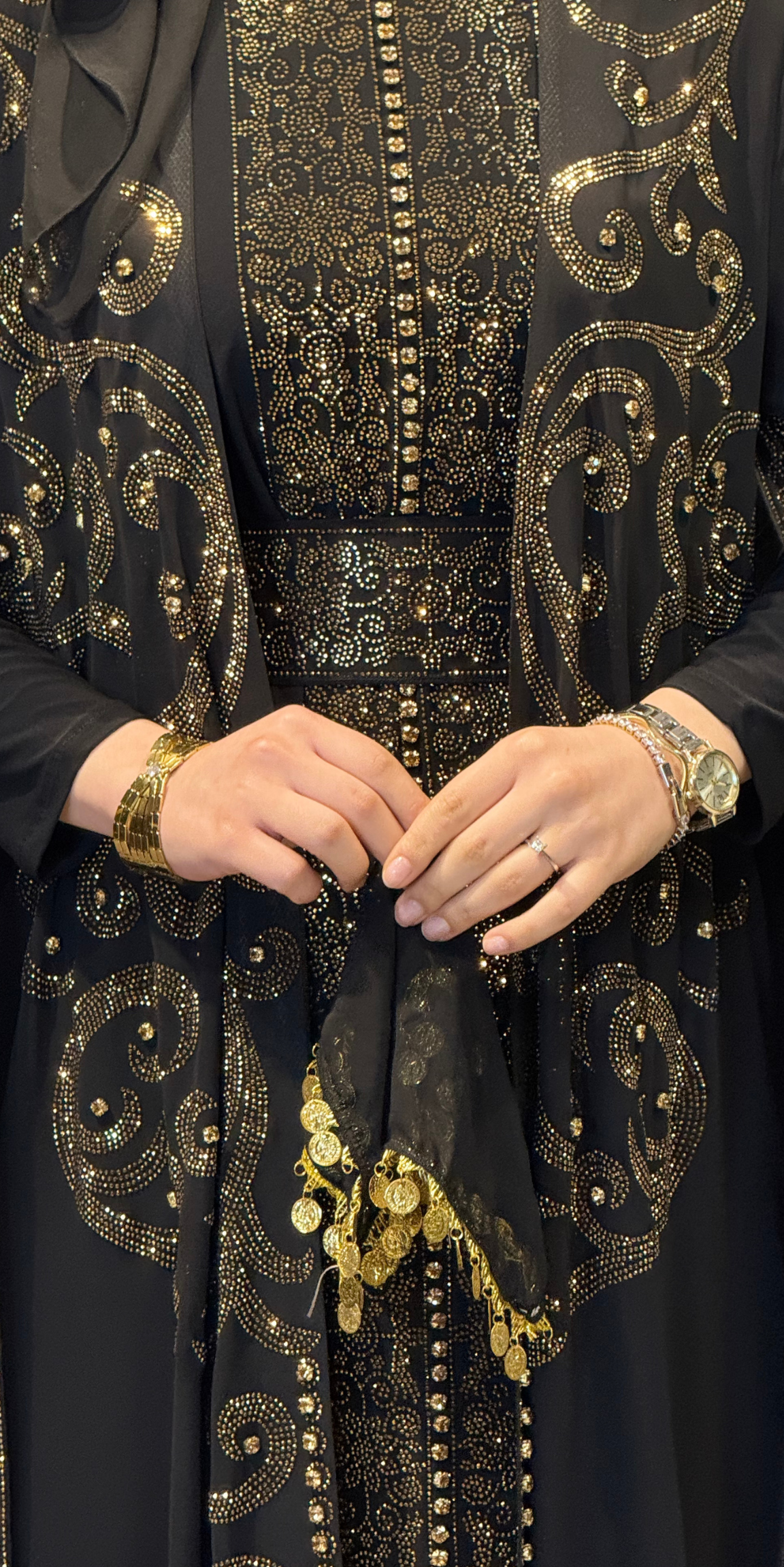 Black and Gold Embellished Long-Sleeved Traditional Chiffon Abaya Set, 4 Pieces