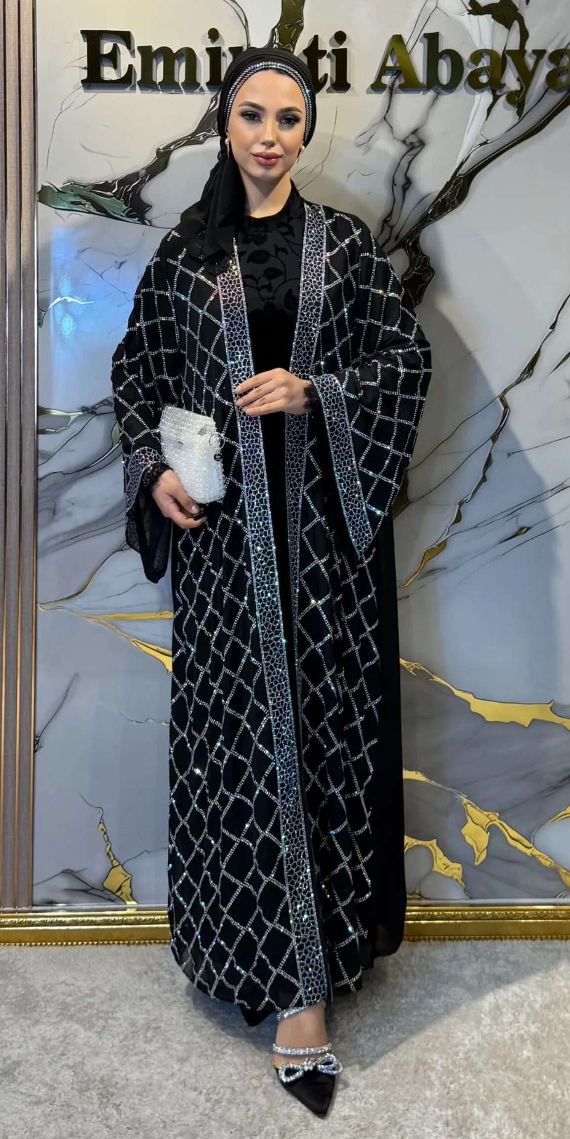 Janjan Stone Embellished Chiffon Traditional Open Abaya | LY33 WSB