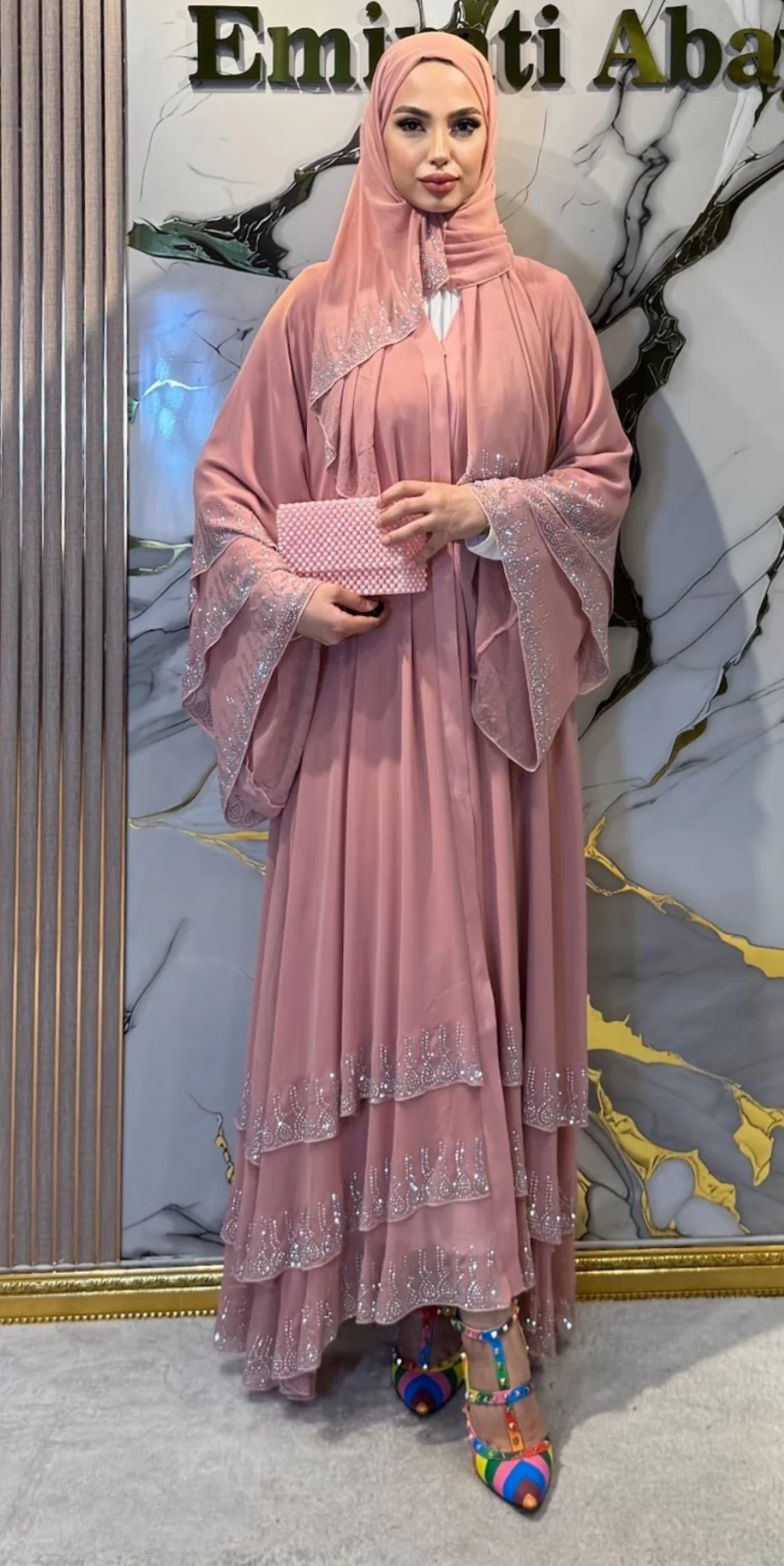 Three-Layer JanJan Embellished Pink Chiffon Set | M7 JSP