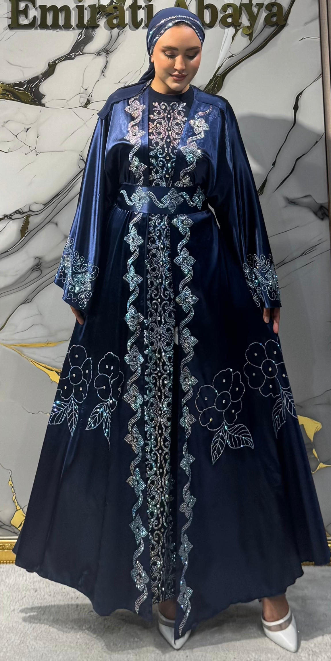 Lacivert Saten JanJan Taşlı Dört Parça Kına ve Düğün Abaya Seti | LY56 JSL