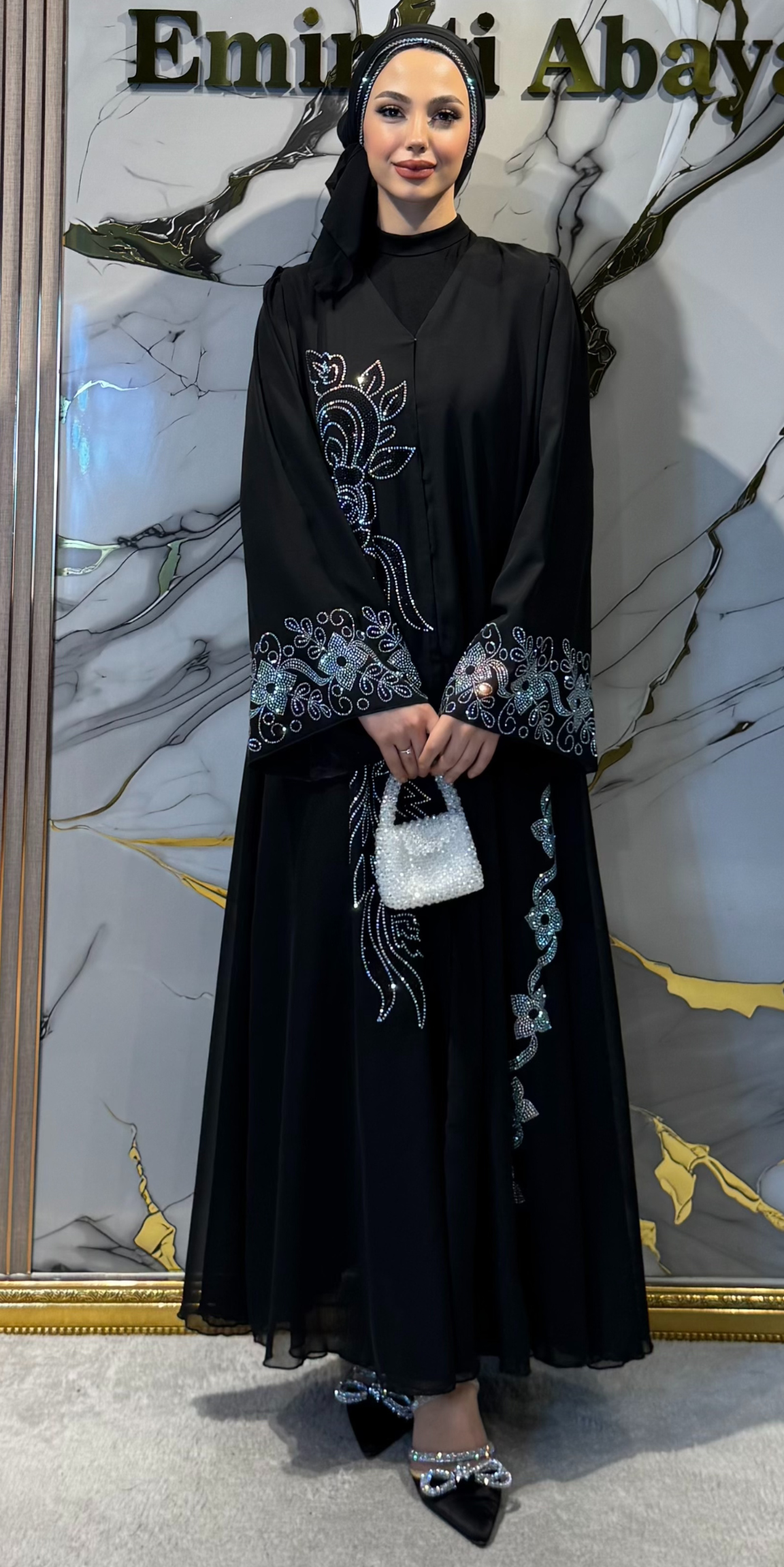 JanJan Embellished Flower Patterned Black Chiffon Abaya Scarf Included | TM70 JSB