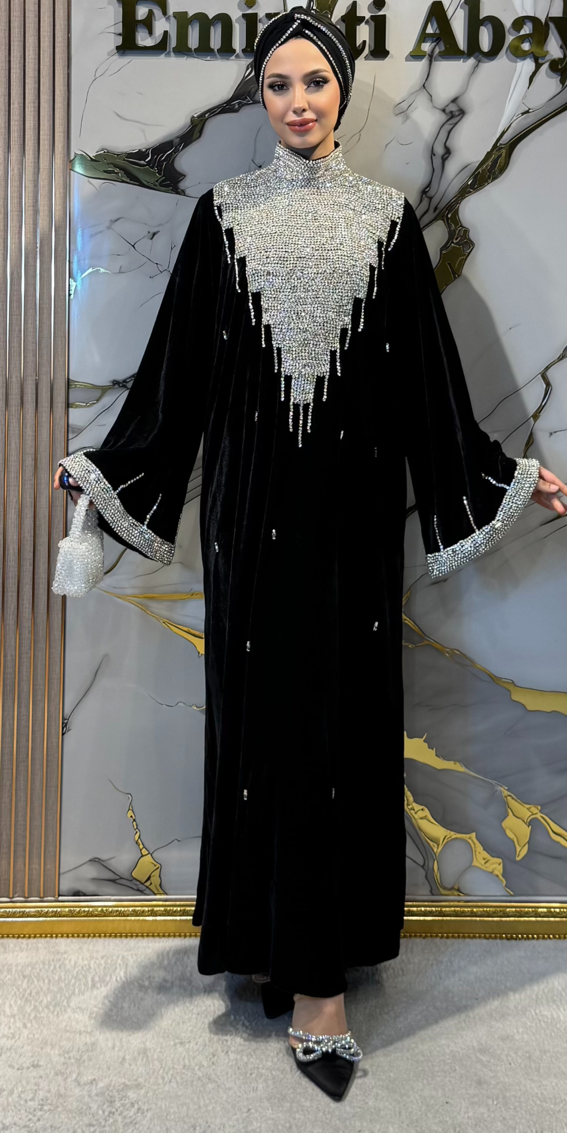 Handmade Black Velvet Abaya with White Stones and Tassels | EF0026 WSVB