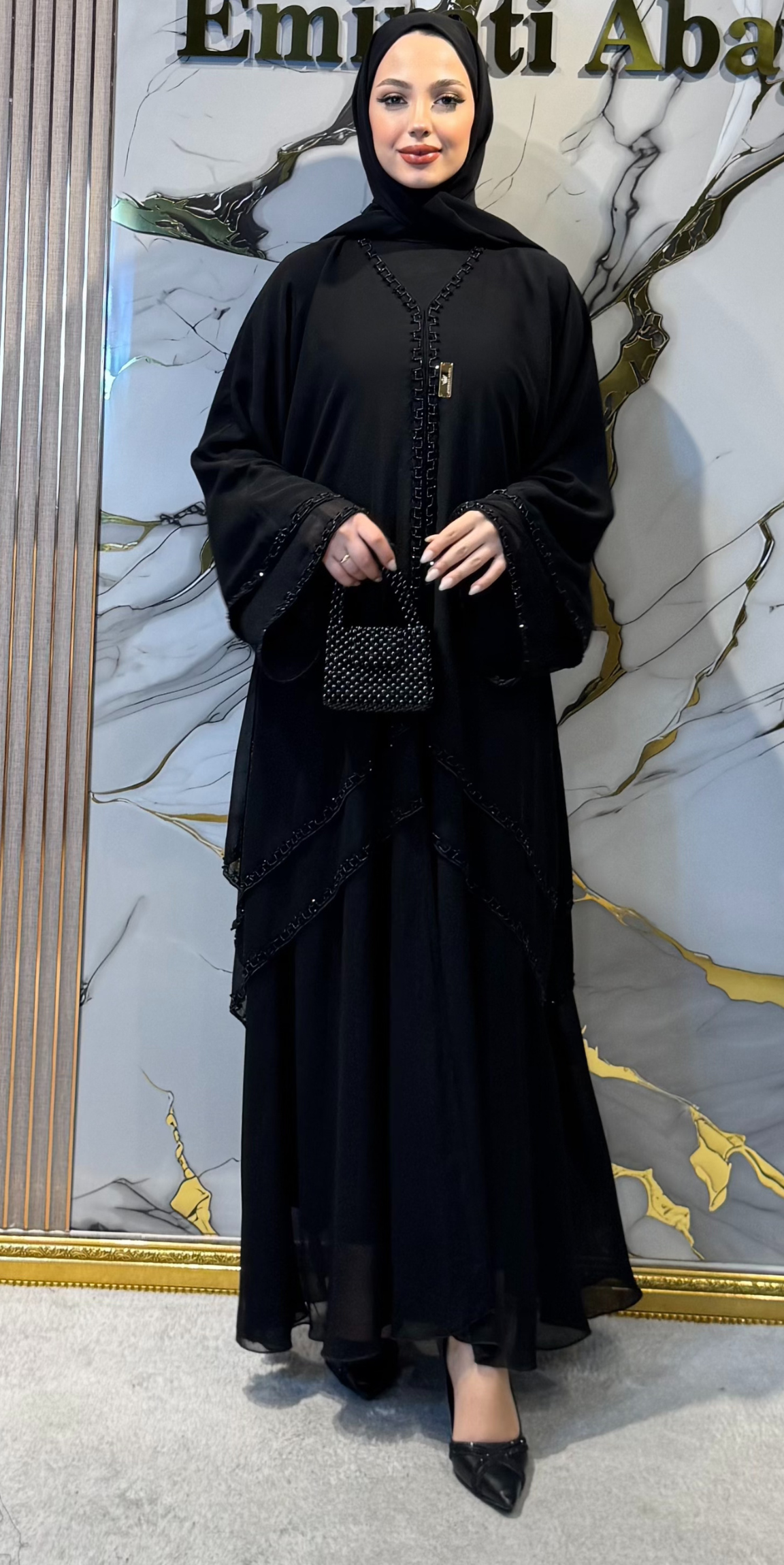 Zarif Taşlı El İşçiliği Şifon Abaya M36 BSB - Özel Gün Zarif Model