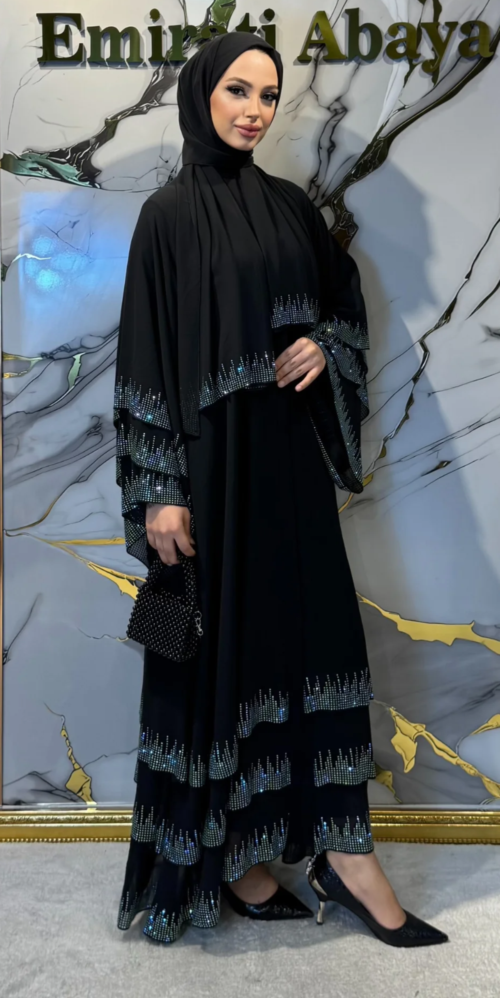 Üç Katlı Çizgisel Taşlı Abaya TM22 JSB - Şal Dahil Mavi-Yeşil Taş Detaylı Model