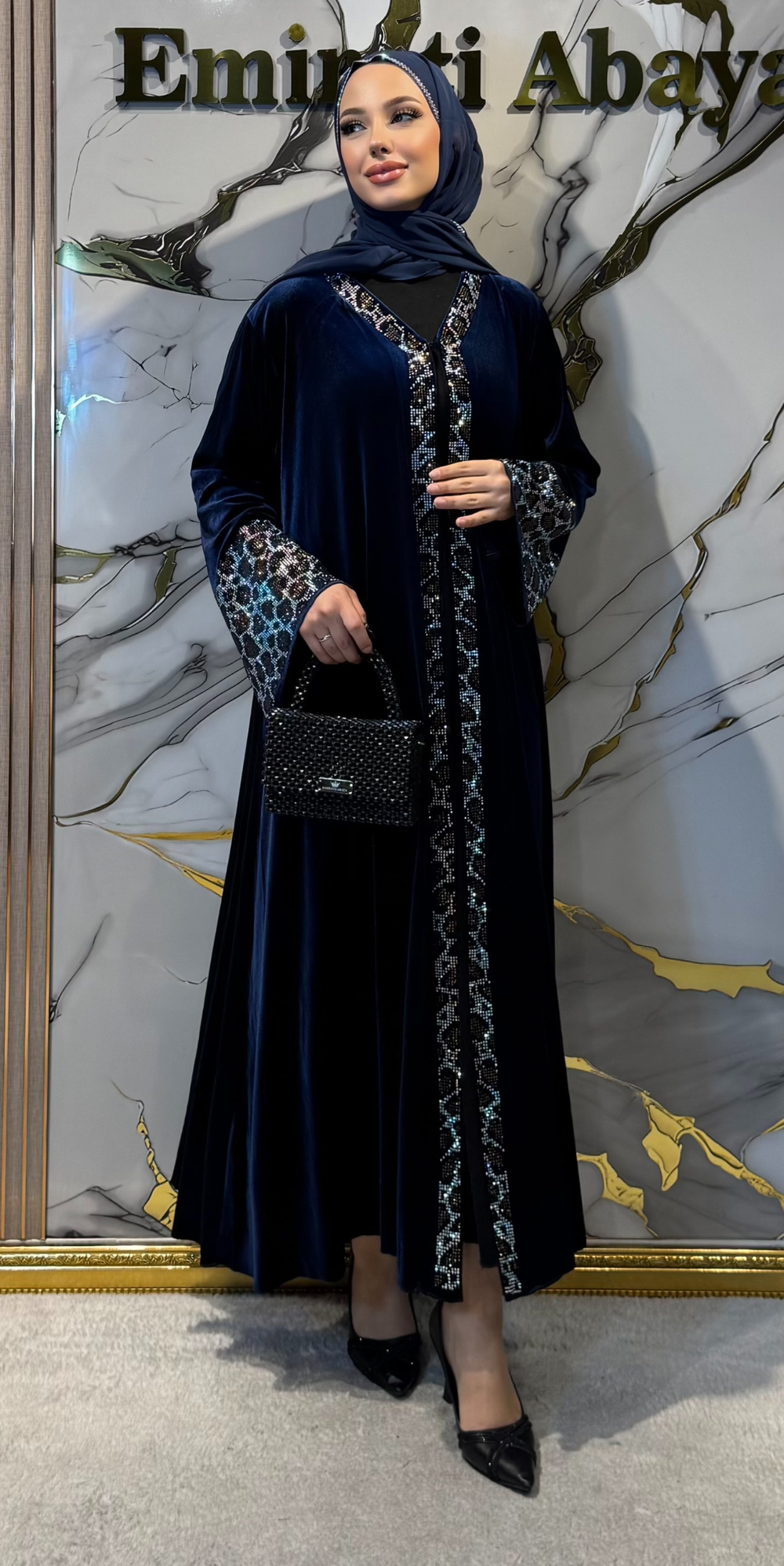 Taşlı Leopar Desenli Lacivert Kadife Abaya TM78 LGSLV