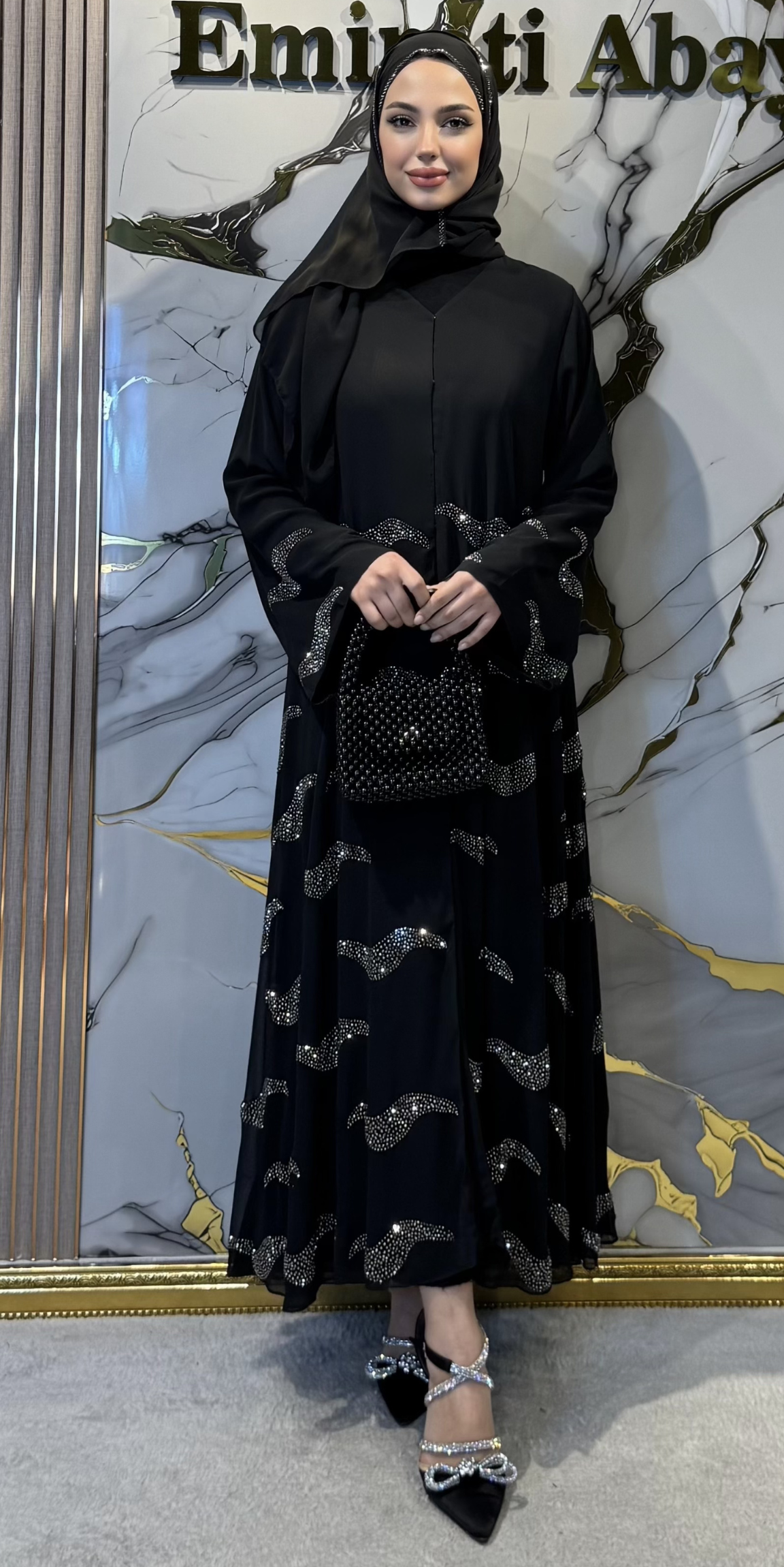 Dalga Desenli Hematit Taş İşlemeli Şifon Abaya | TM39 HSB