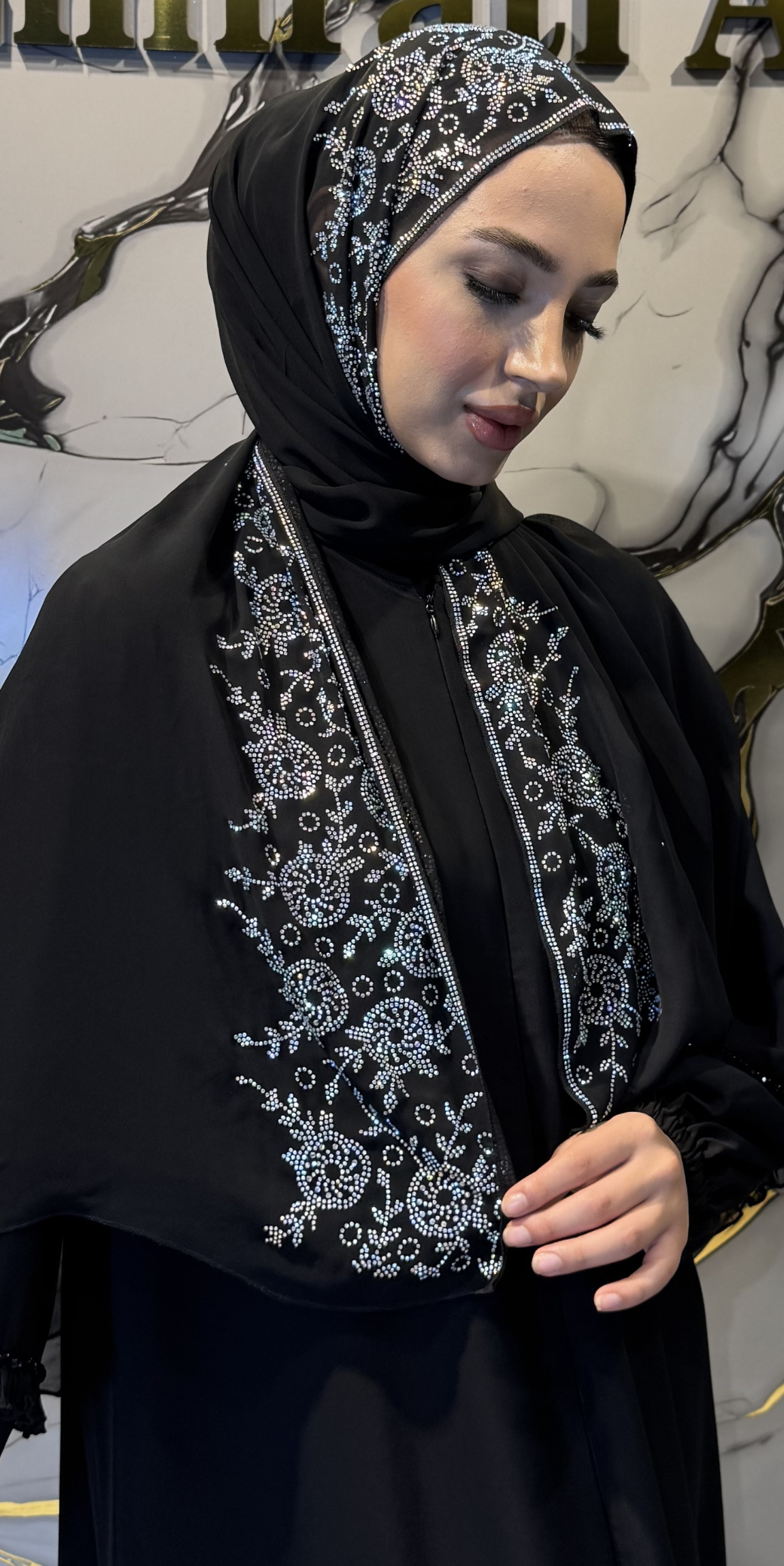 Shimmering and Elegant Chiffon Shawl with White Stone Embellishments on the Edges