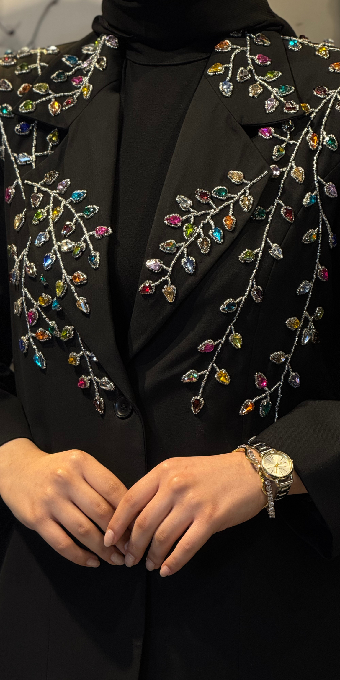 Lüks Karışık Renkli Taşlı El Yapımı Siyah Takım