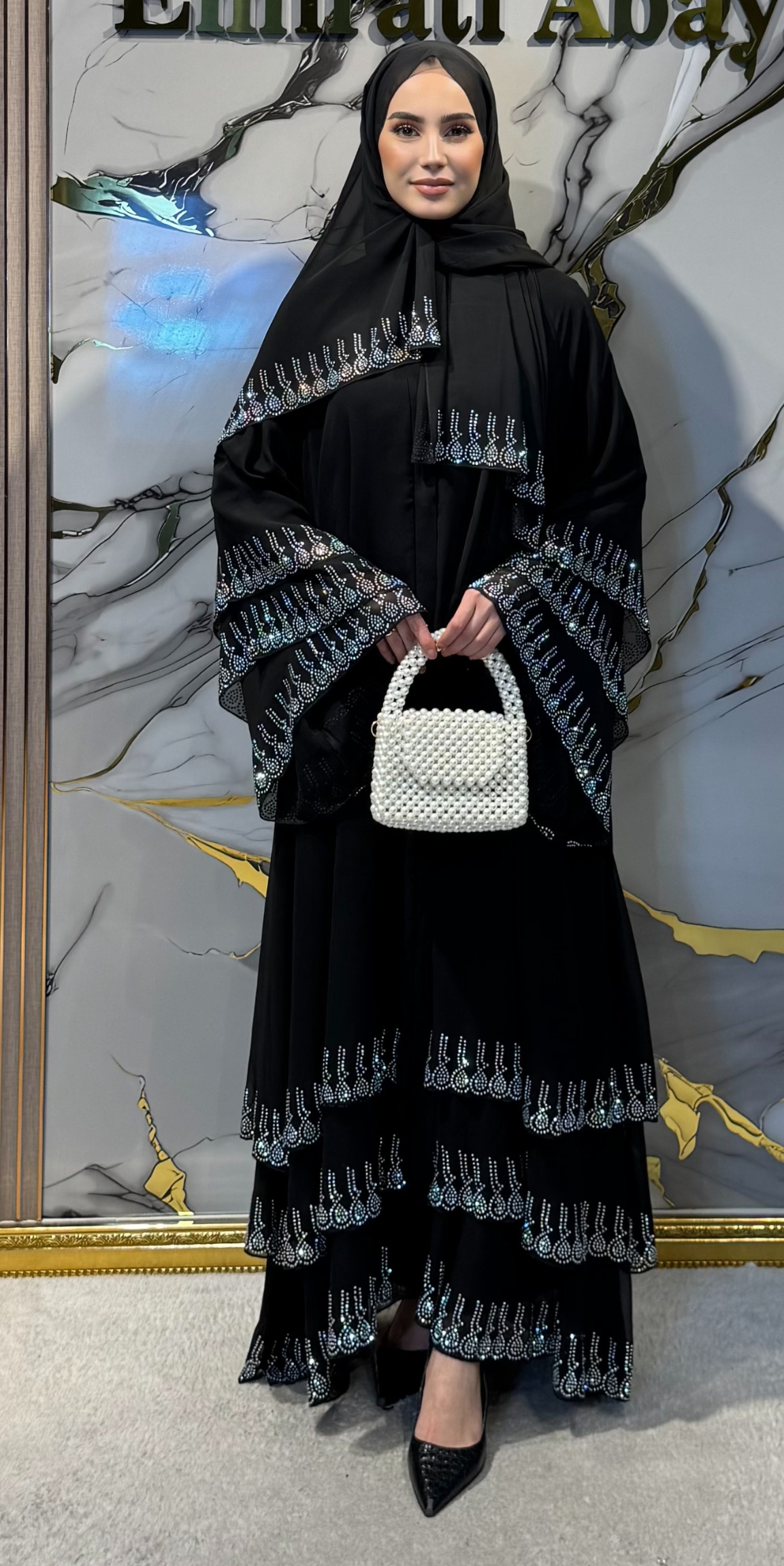 Etek Uçları Swarovski Taşlı Abaya TM07 WSB - Düğmeli Şal Dahil Lüks Model