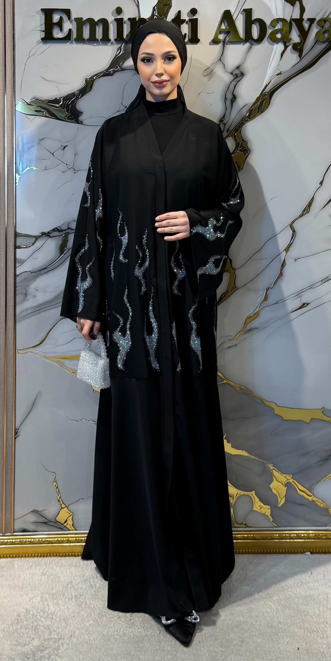 Lüks Ateş Desenli Janjan Taşlı Siyah Dubai Kumaş Abaya | TM0103 JSB