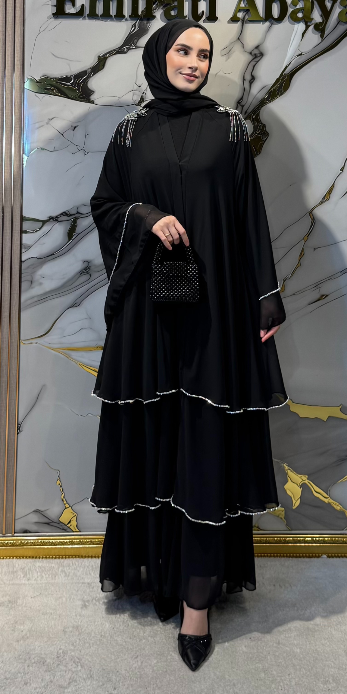 Three-Layer Abaya with Shoulder Stone Detail RK011 Stone Black - Includes Snap Fastener Shawl and Belt