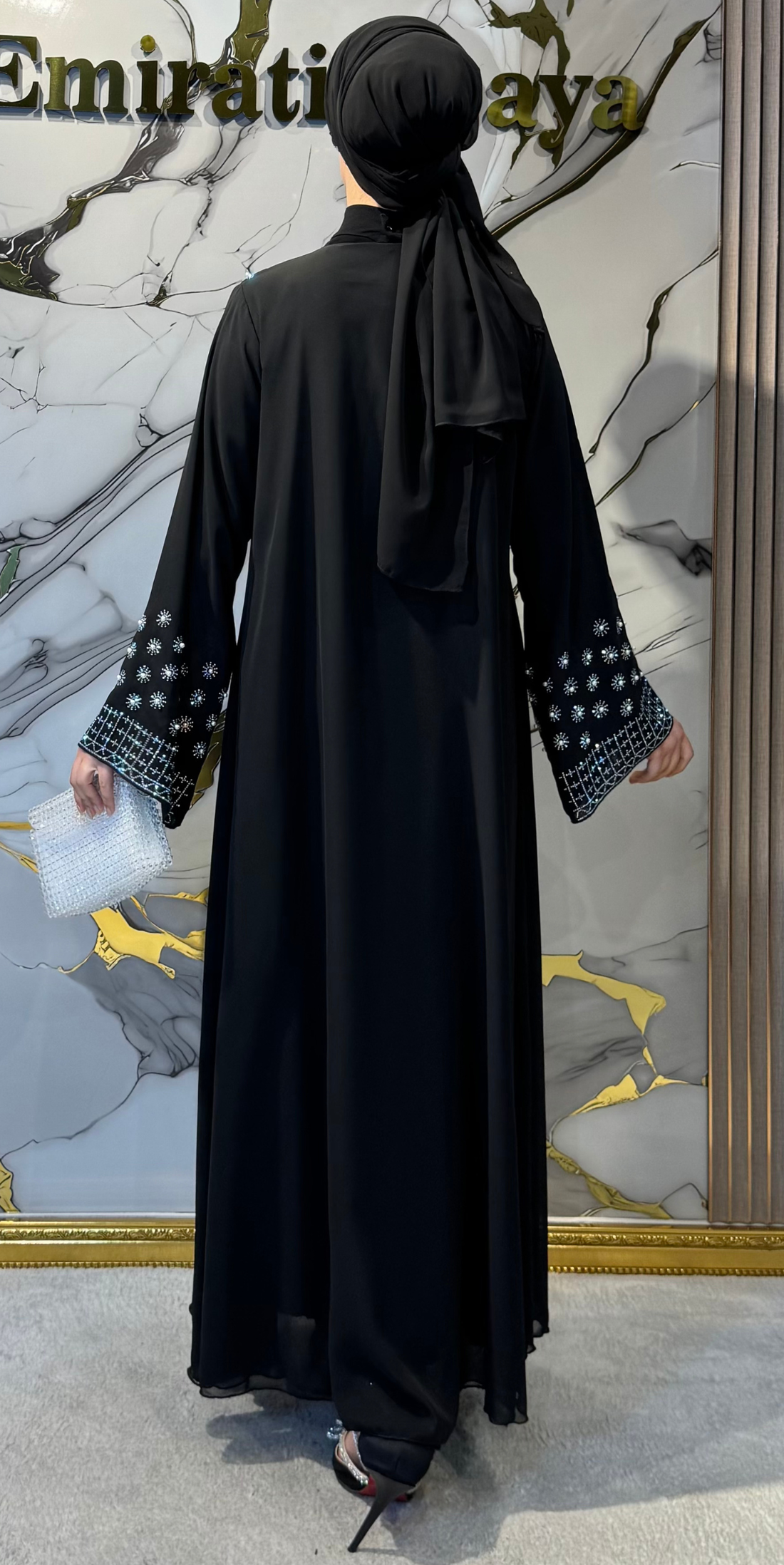 Lüks Swarovski Taşlı Siyah Abaya