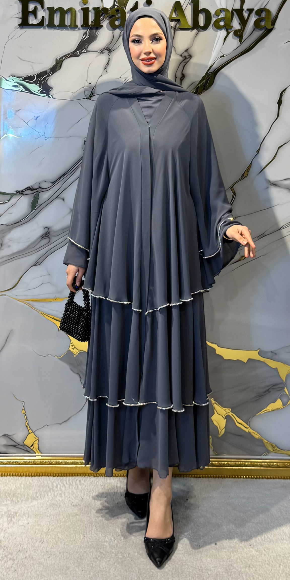Üç Katlı Swarovski Taşlı Gri Abaya RK011 WSG - Katmanlı Zarif Model