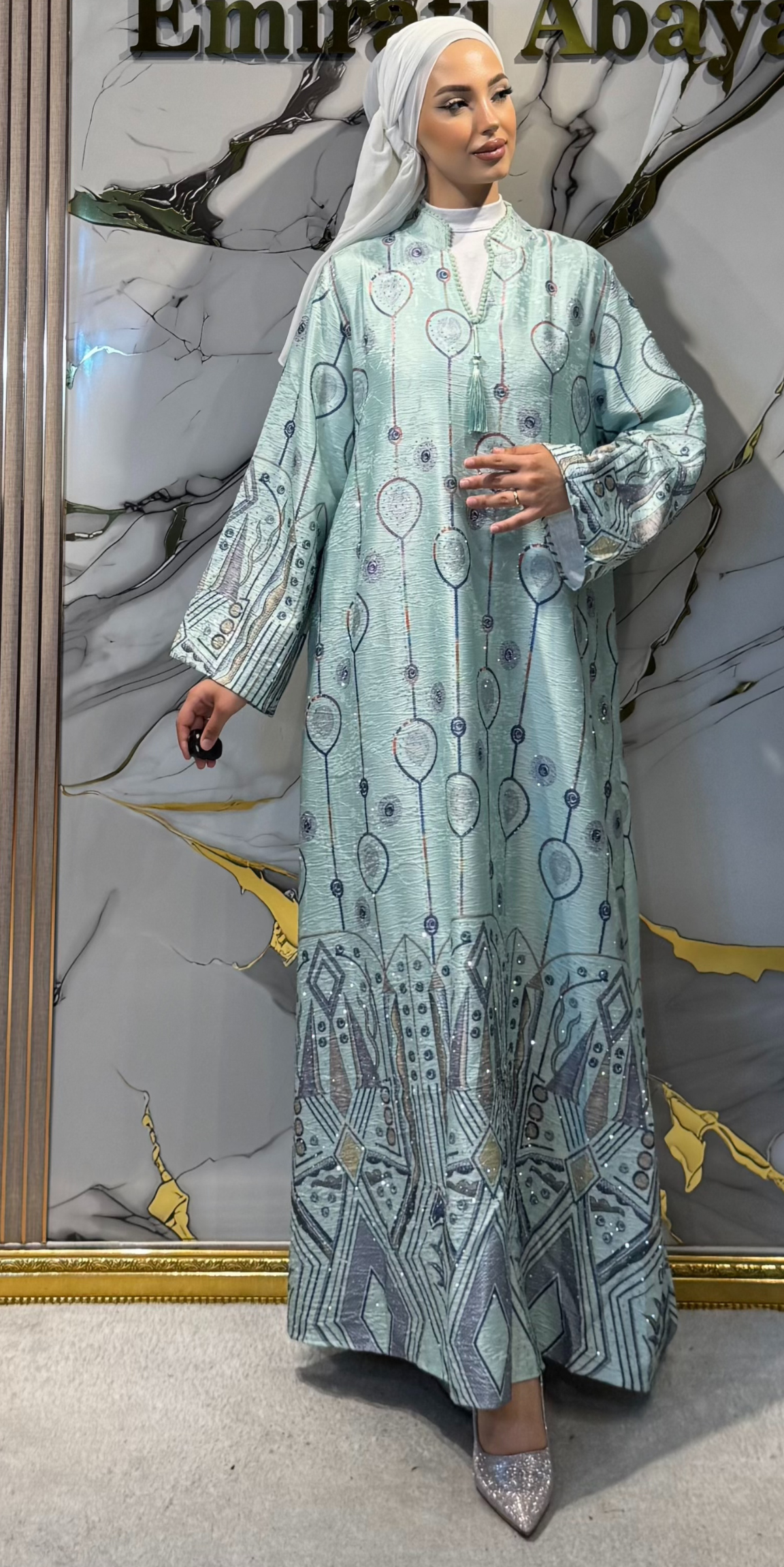 Geometrik Baskılı Mint Yeşili Jakar Günlük Abaya | KSA12 YEŞIL