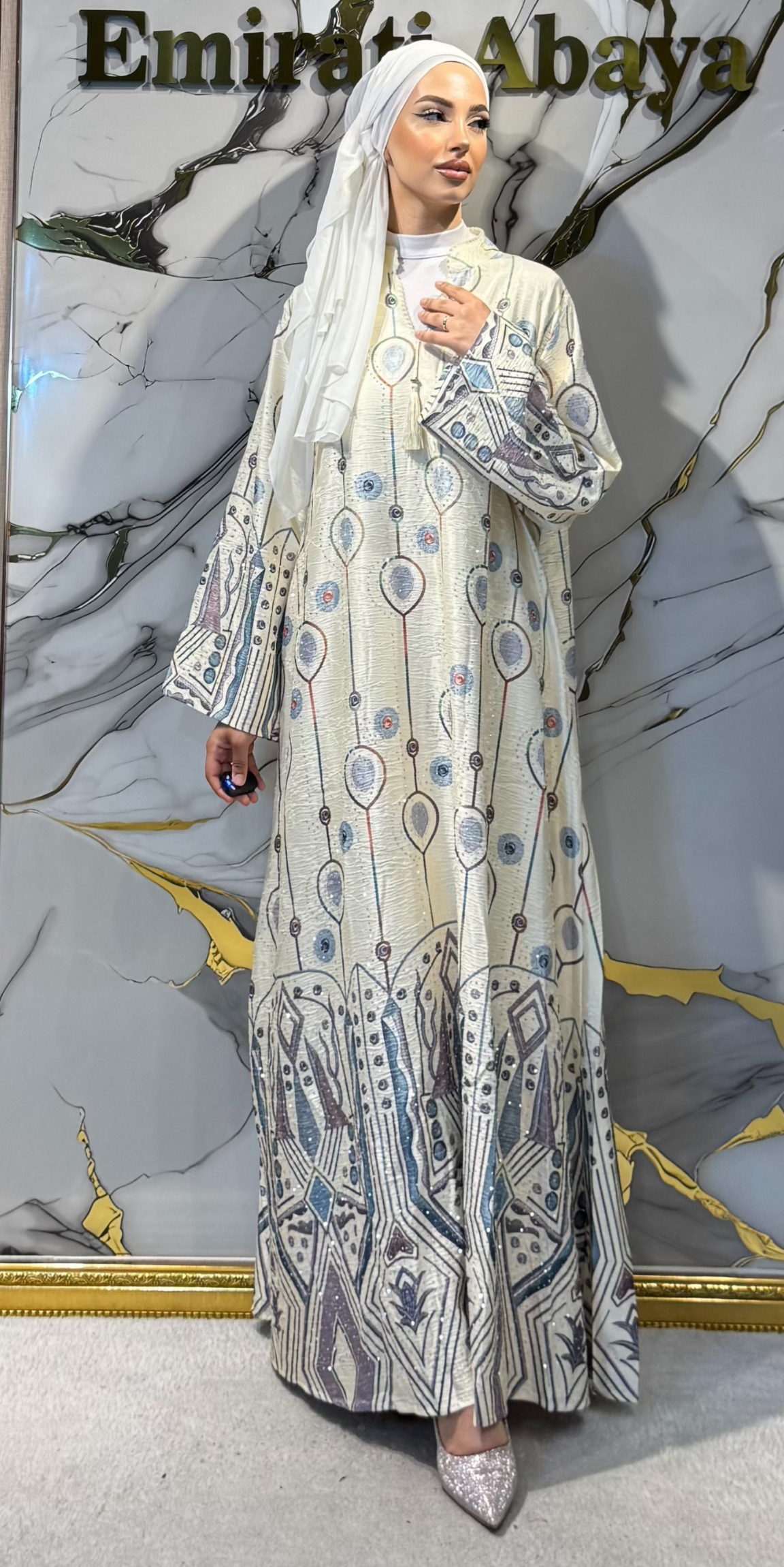 Geometrik Damla Baskılı Krem Jakar Günlük Abaya | KSA12 YELLOW