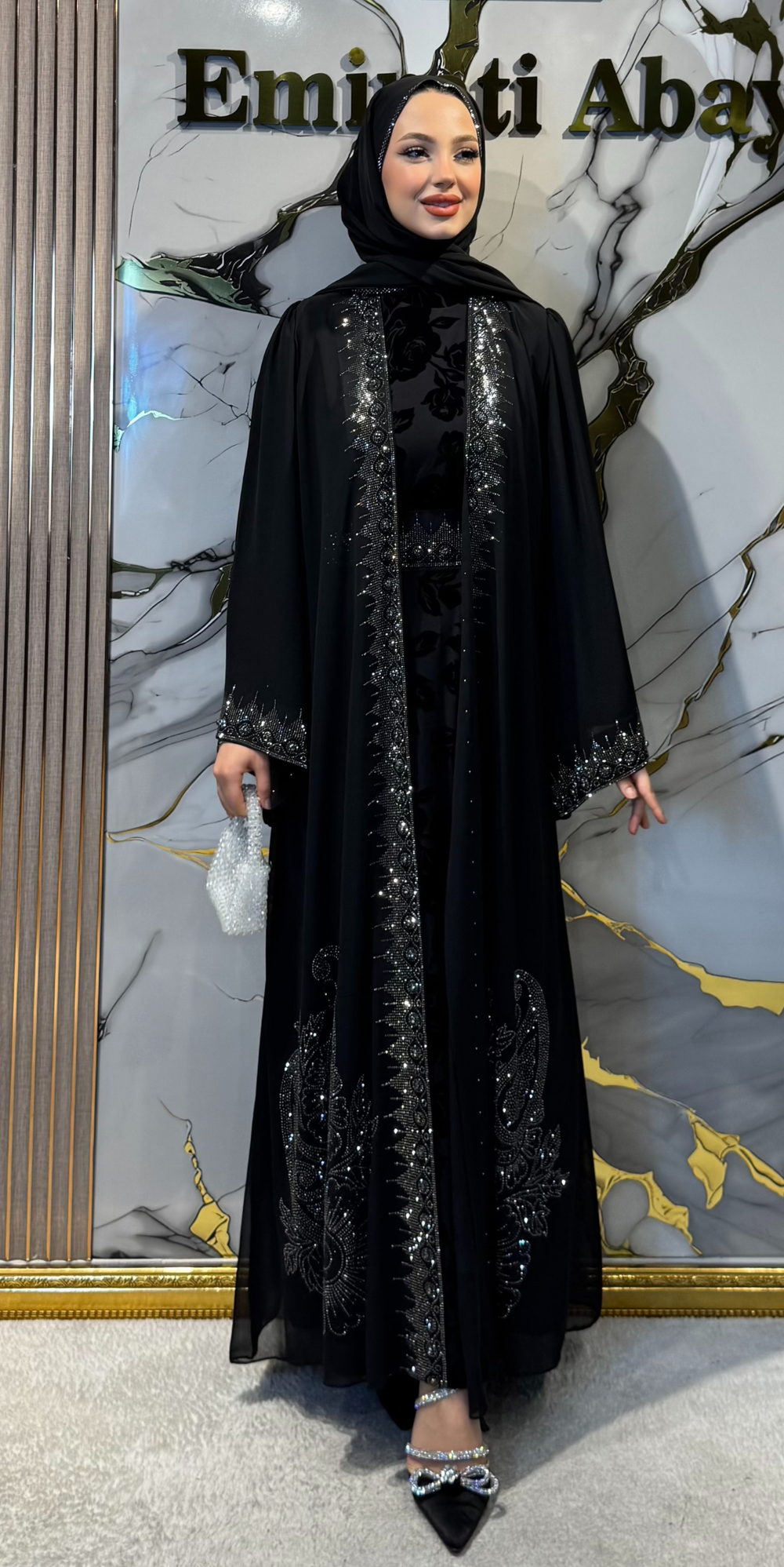 Hematit Taşlı Flok Baskılı Siyah Yöresel Takım | LY43 HSB