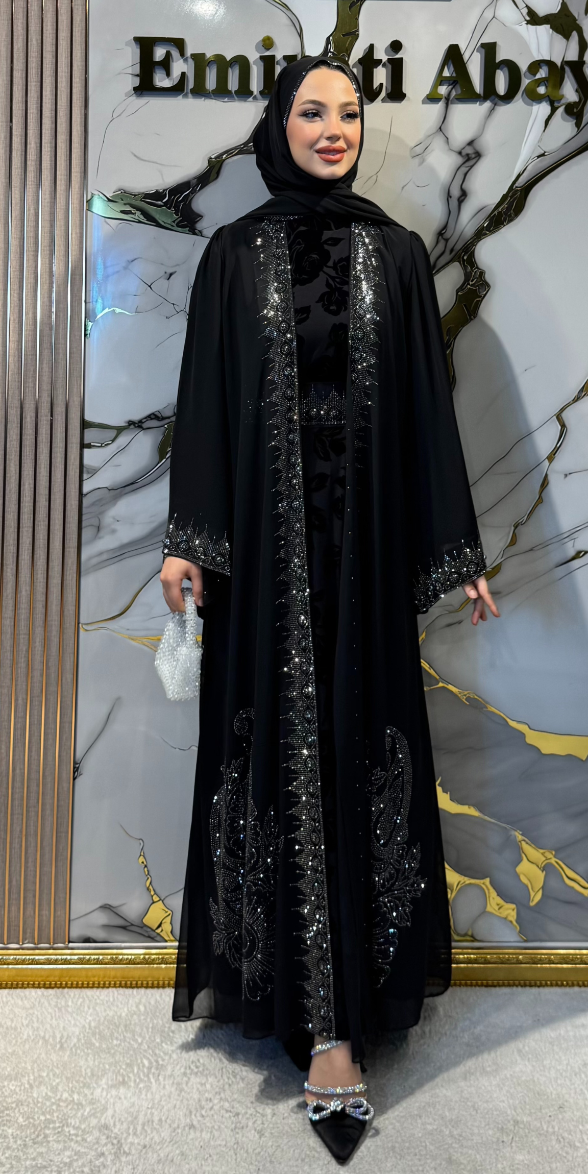 Black Traditional Suit with Hematite Stone and Flock Print | LY43 HSB