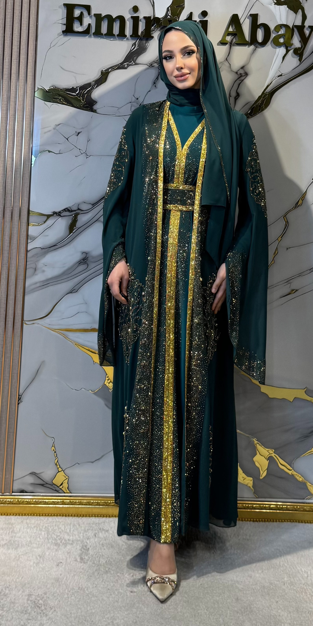 Gold Şeritli Taşlı Yeşil Yöresel Takım | 4 Parça Set | Cape Kollu | WS57 GSG