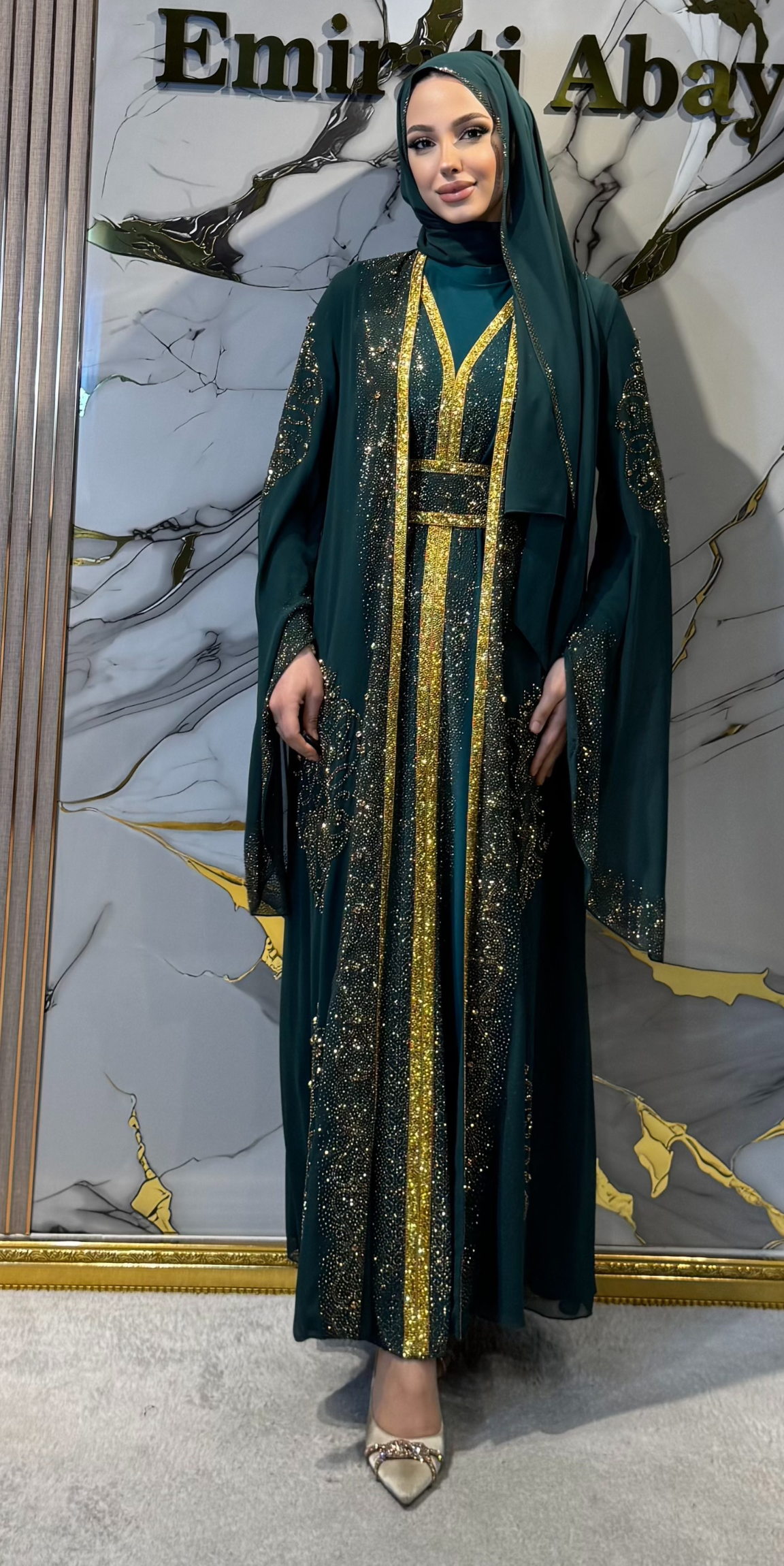 Gold Şeritli Taşlı Yeşil Yöresel Takım | 4 Parça Set | Cape Kollu | WS57 GSG