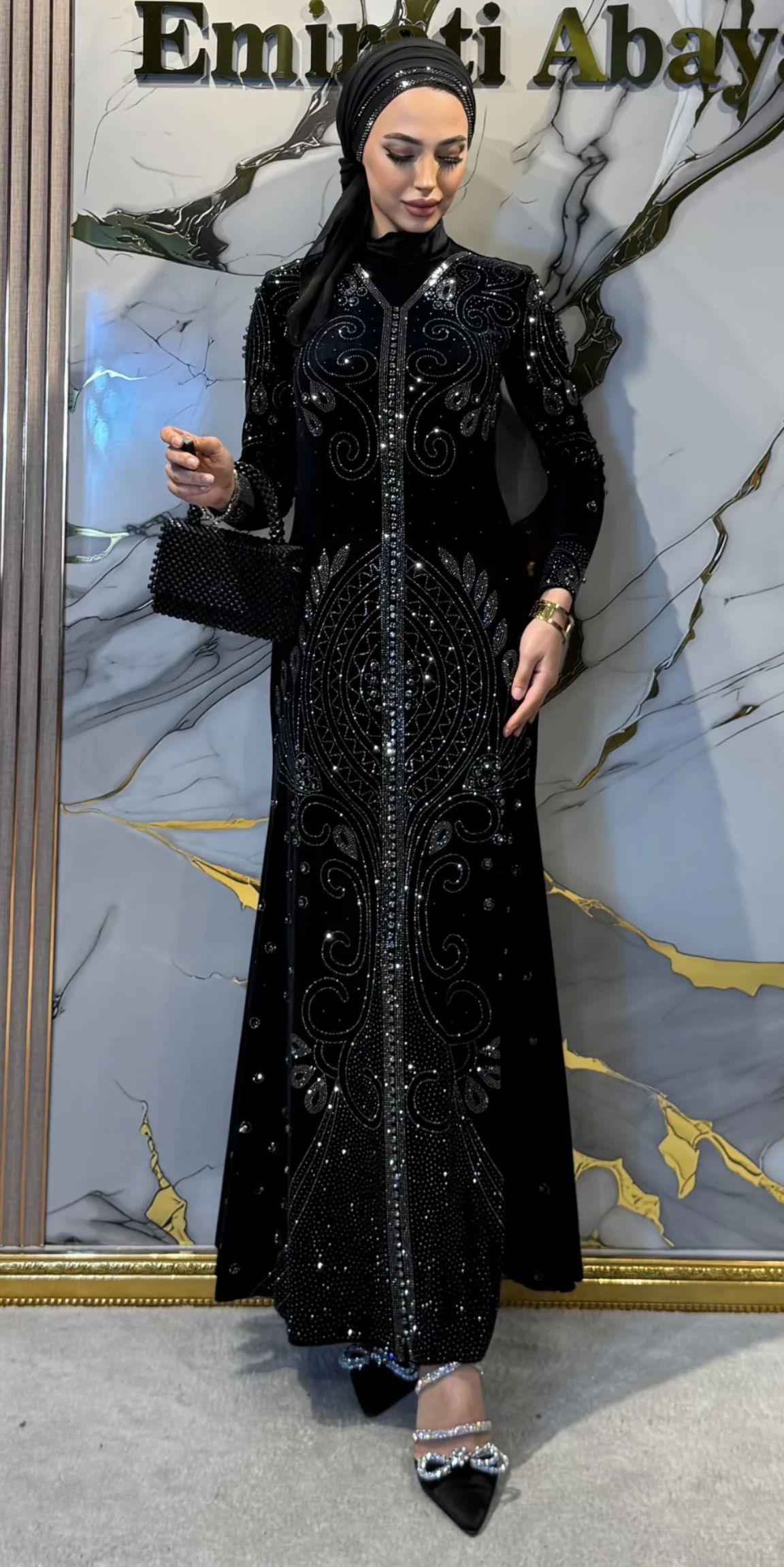 Hematite Stone Patterned Black Velvet Abaya | LY11 HSVB