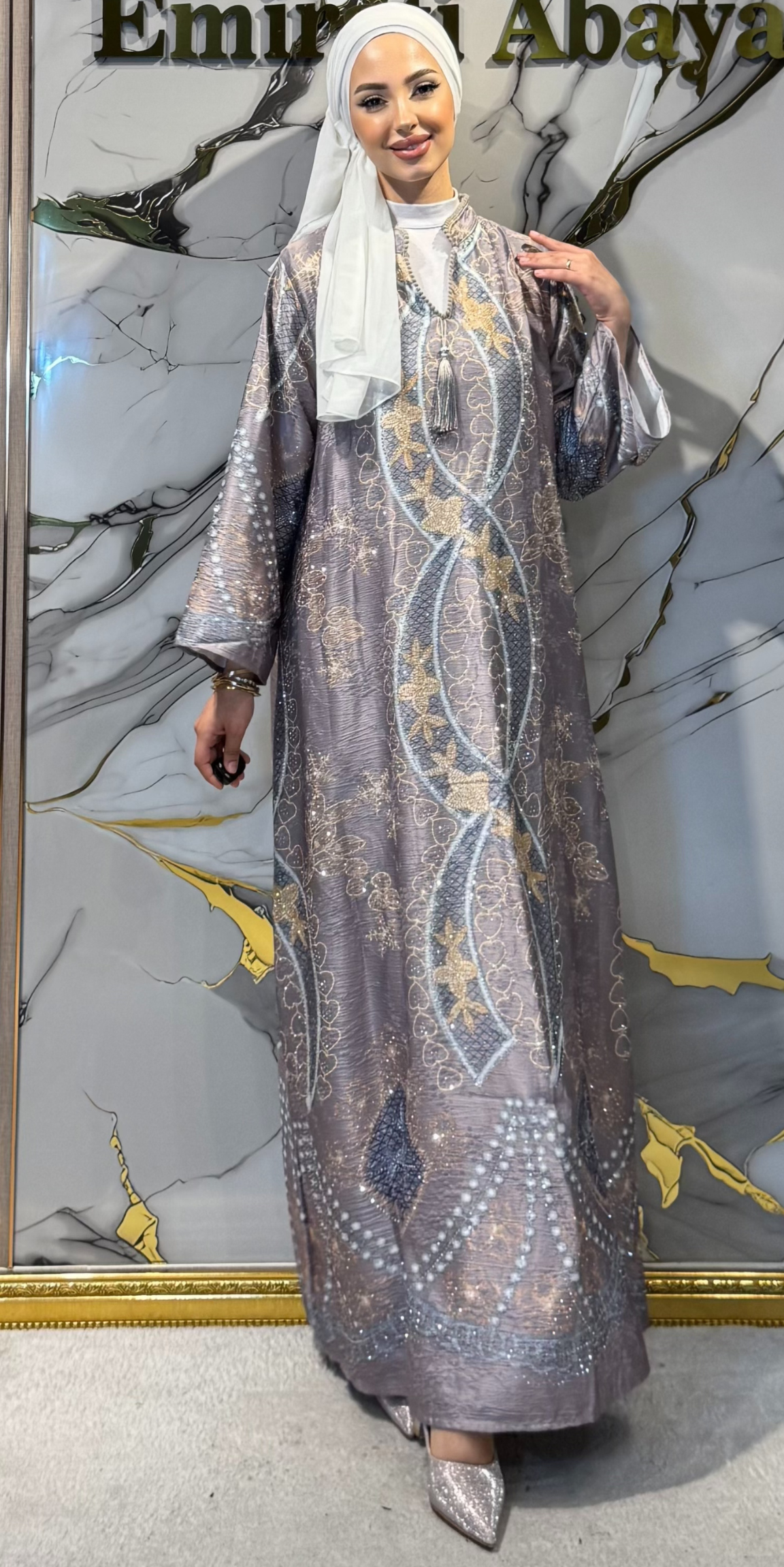 Çiçek Baskılı Kahverengi Jakar Günlük Abaya | KSA06 KAHVE