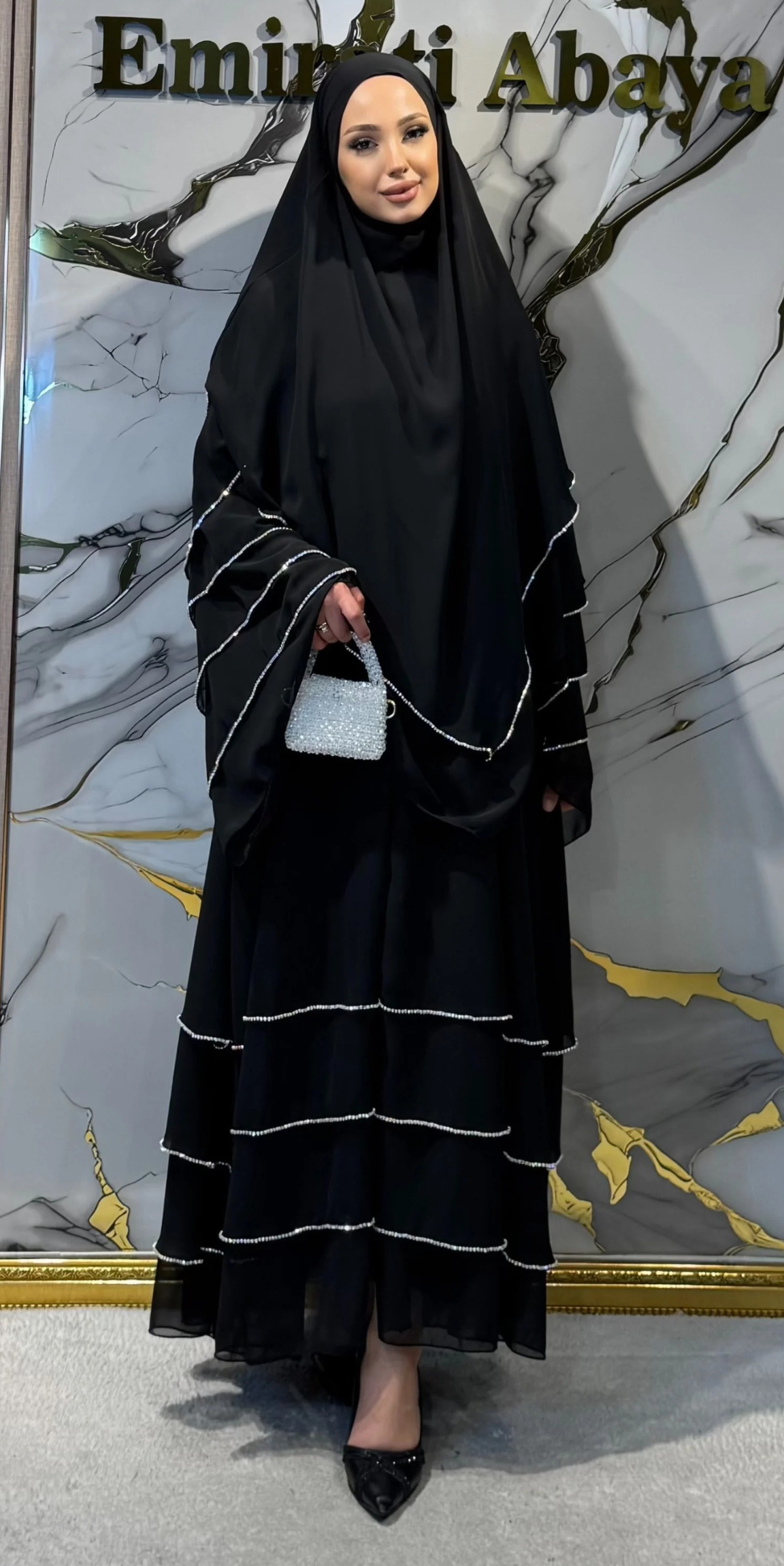 Beyaz Taş Şeritli 4 Katlı Siyah Şifon Abaya – Sufle ve Şal Takımı | RK012 WSB