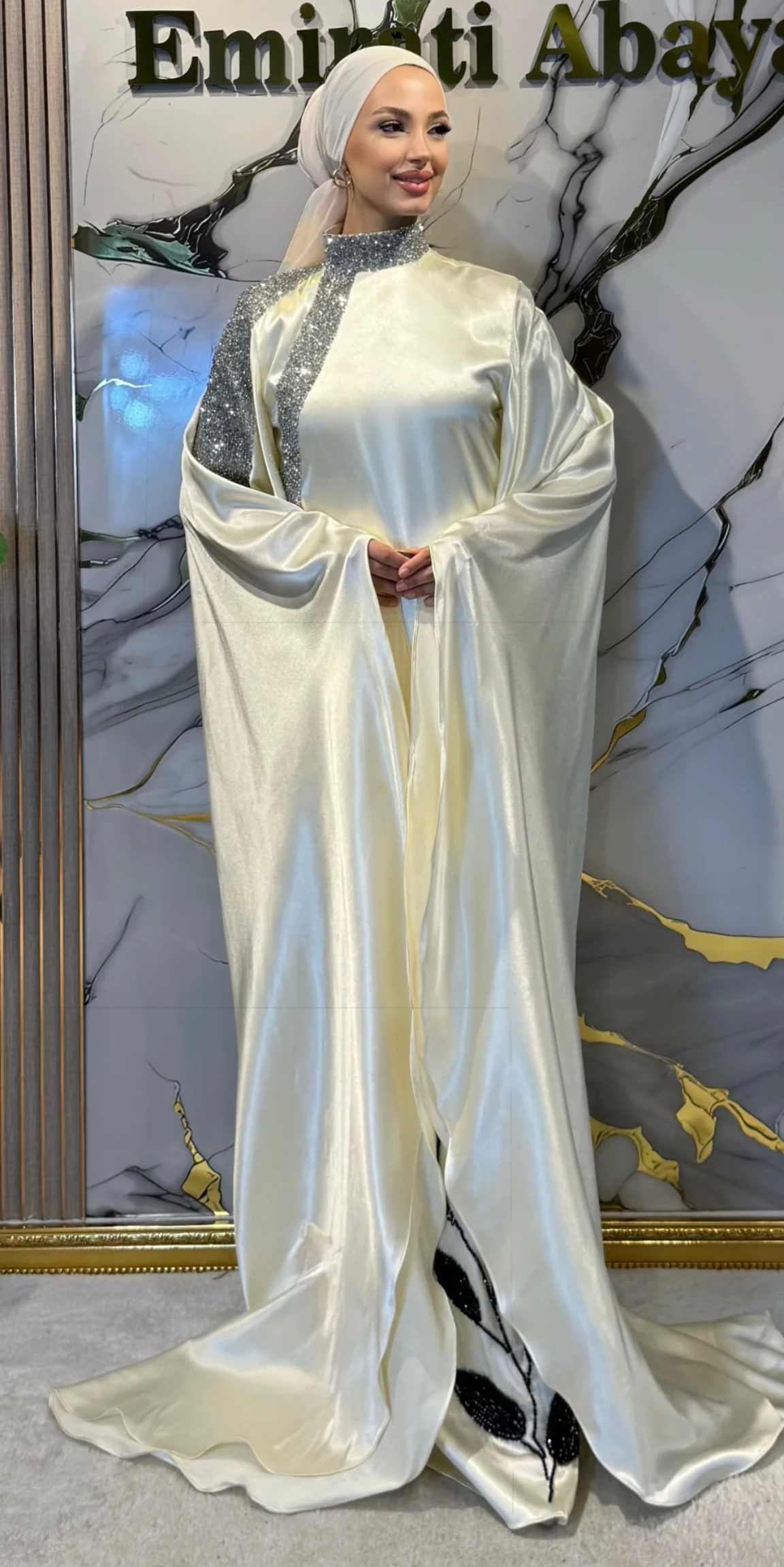 Cream Hand-Embroidered Floral Satin Evening Gown with Stone Details | EF009 WSK