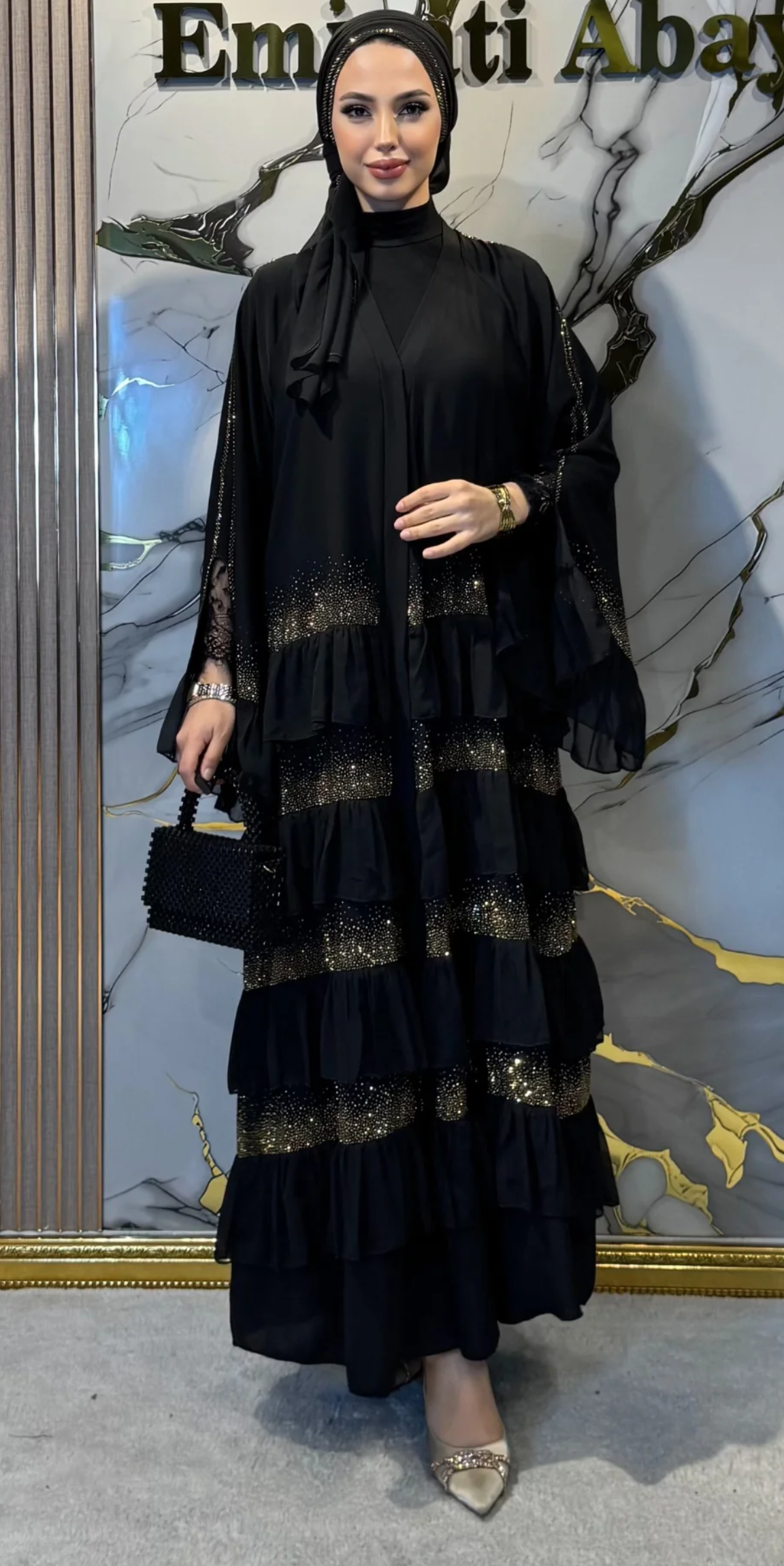 Gold Embellished Layered Dubai Abaya | WS05 GSB