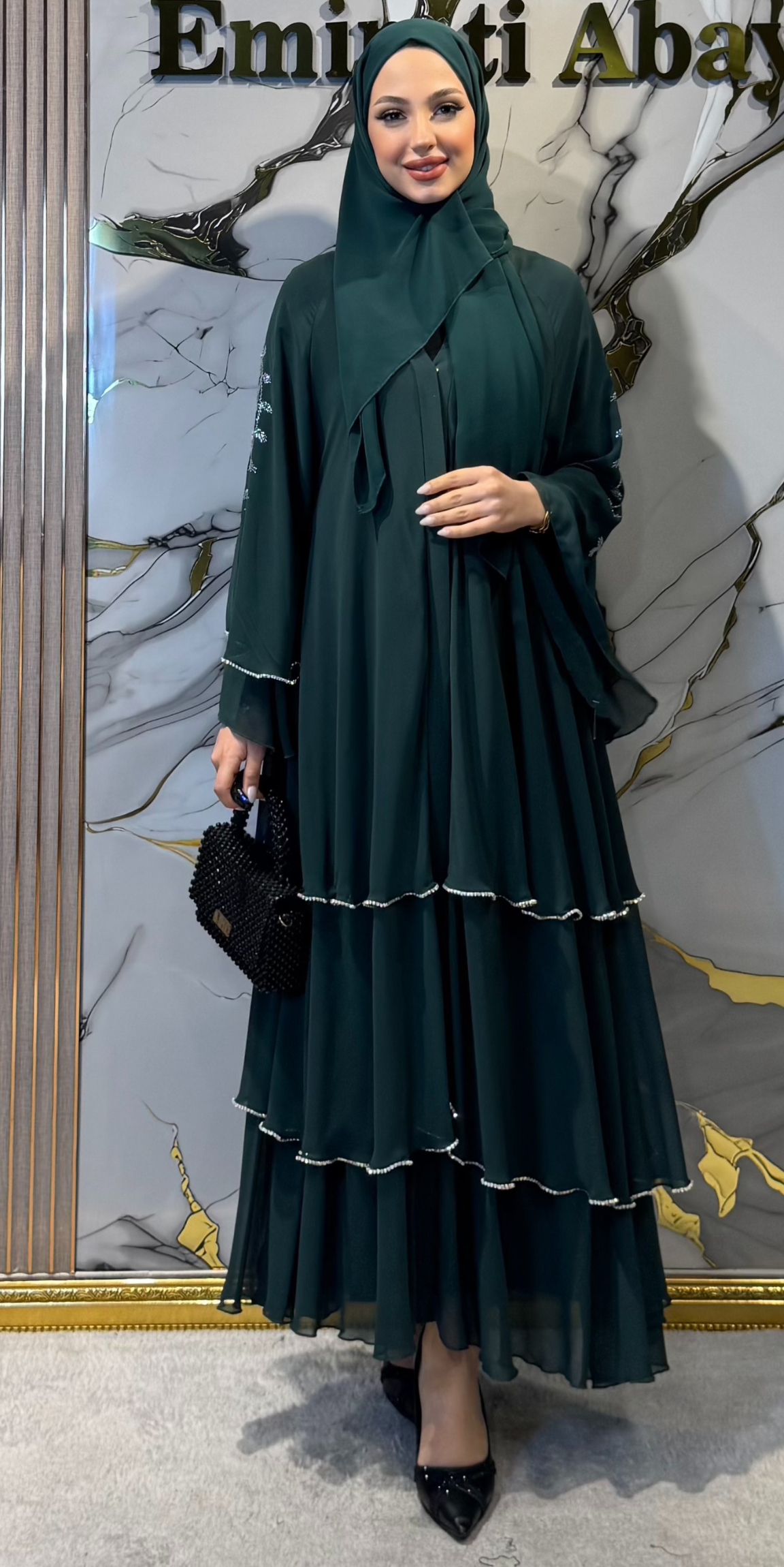 Omuzları Swarovski Desenli Yeşil Abaya | RK011 BARBIE