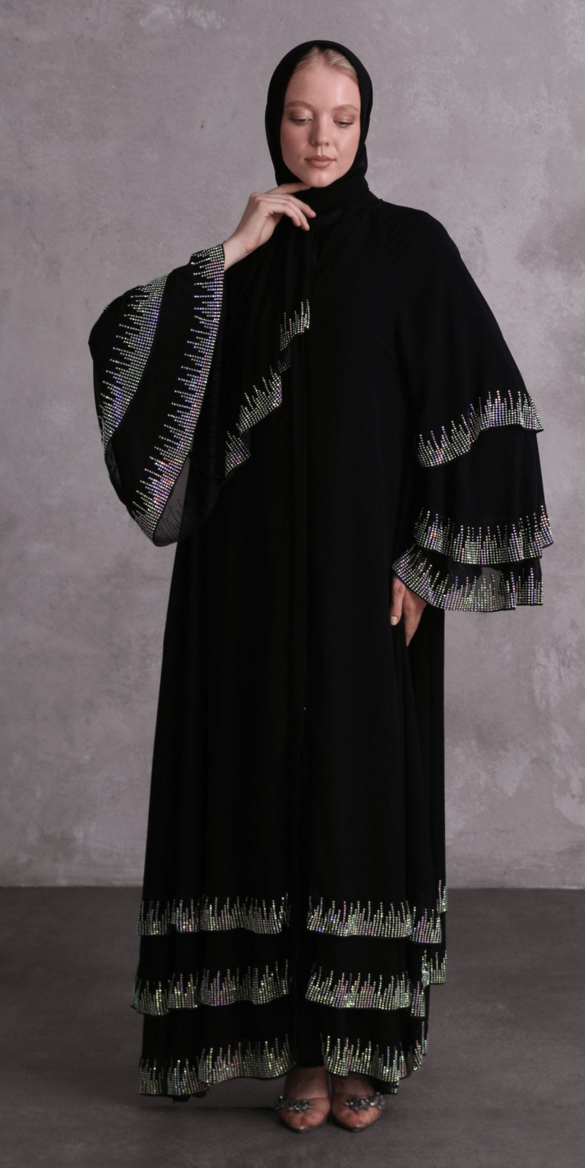 Black Abaya with Swarovski Stones and Striped Hemlines