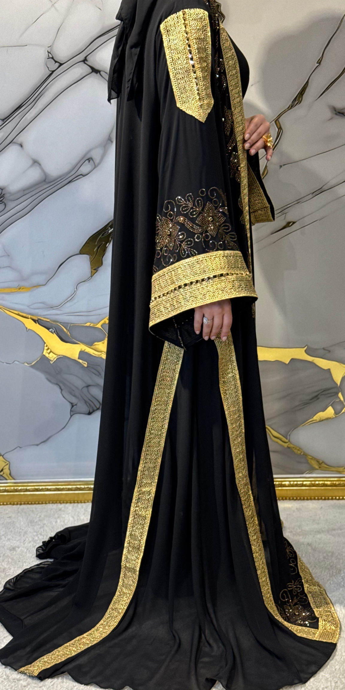 Premium Golden Swarovski Korean Chiffon Abaya Set