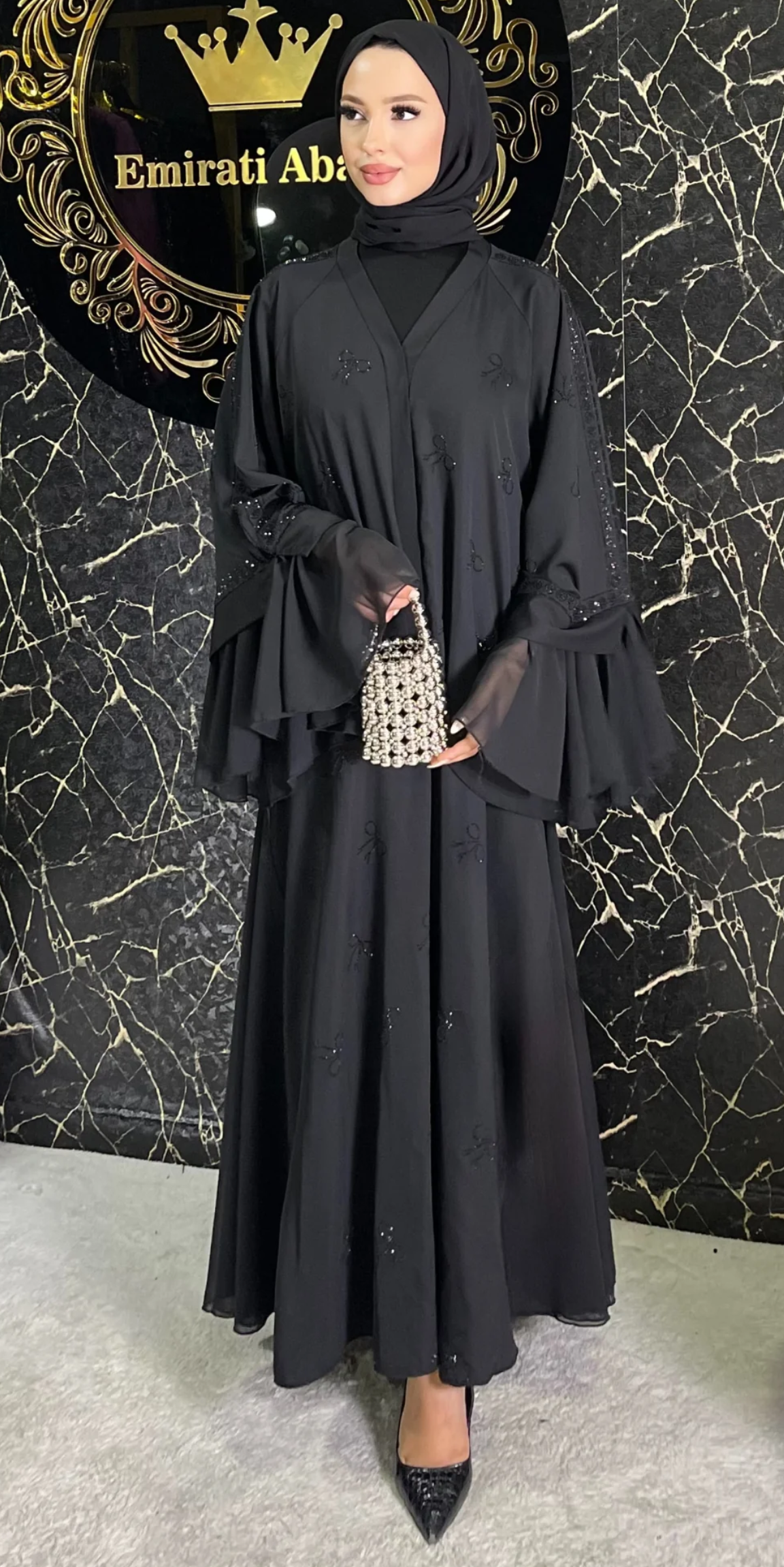 Luxury Butterfly Stone Patterned Black Chiffon and Dubai Fabric Abaya - Shawl Included WS68 BSB