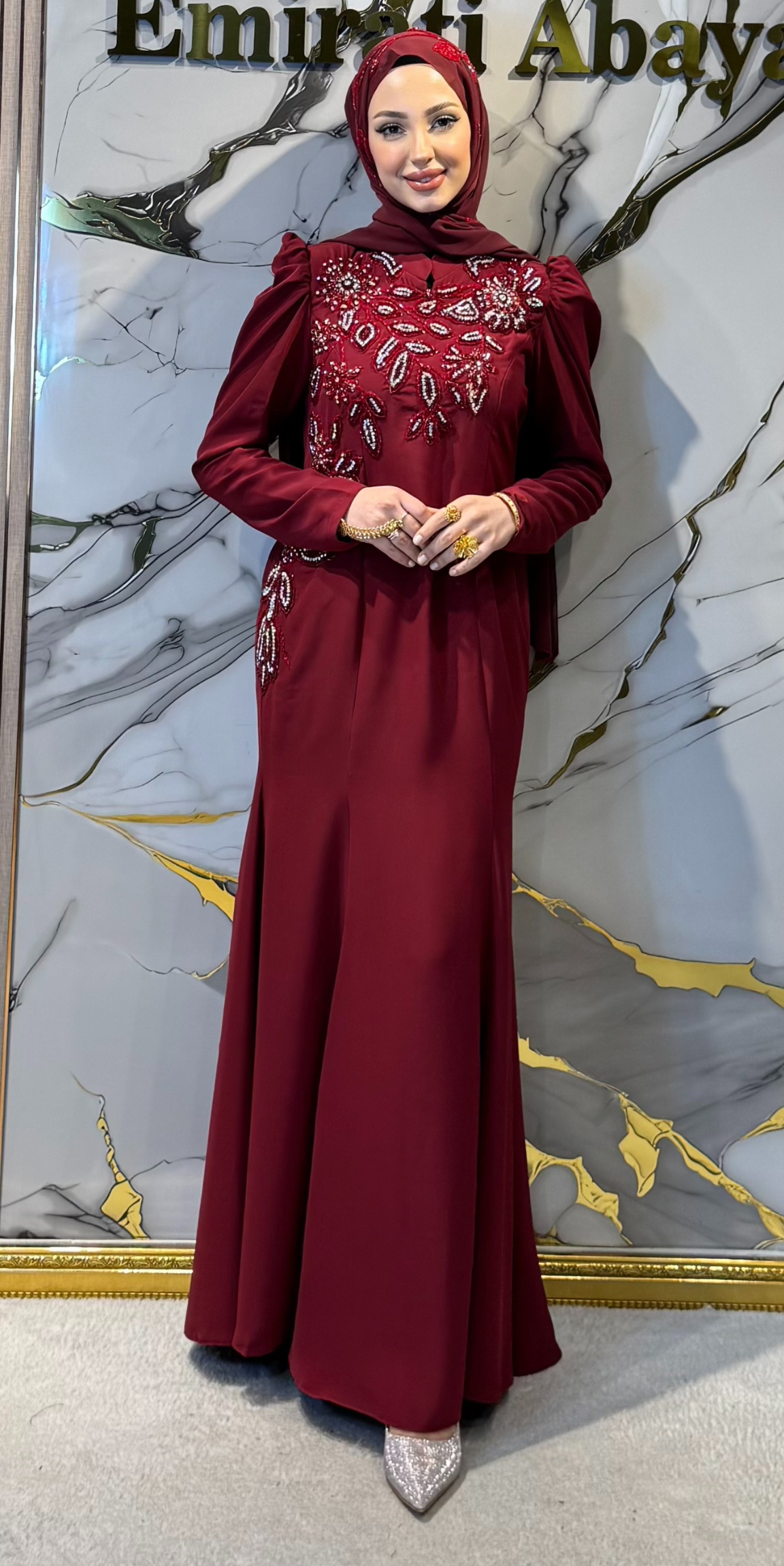 El İşlemeli Beyaz Taşlı Bordo Krep Abaya | EF0033 WS BORDO