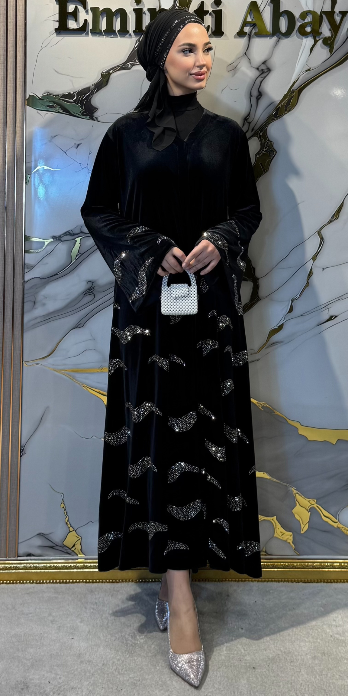 Luxury Black Velvet Abaya with Hematite and Swarovski Crystals | TM39 HSVB