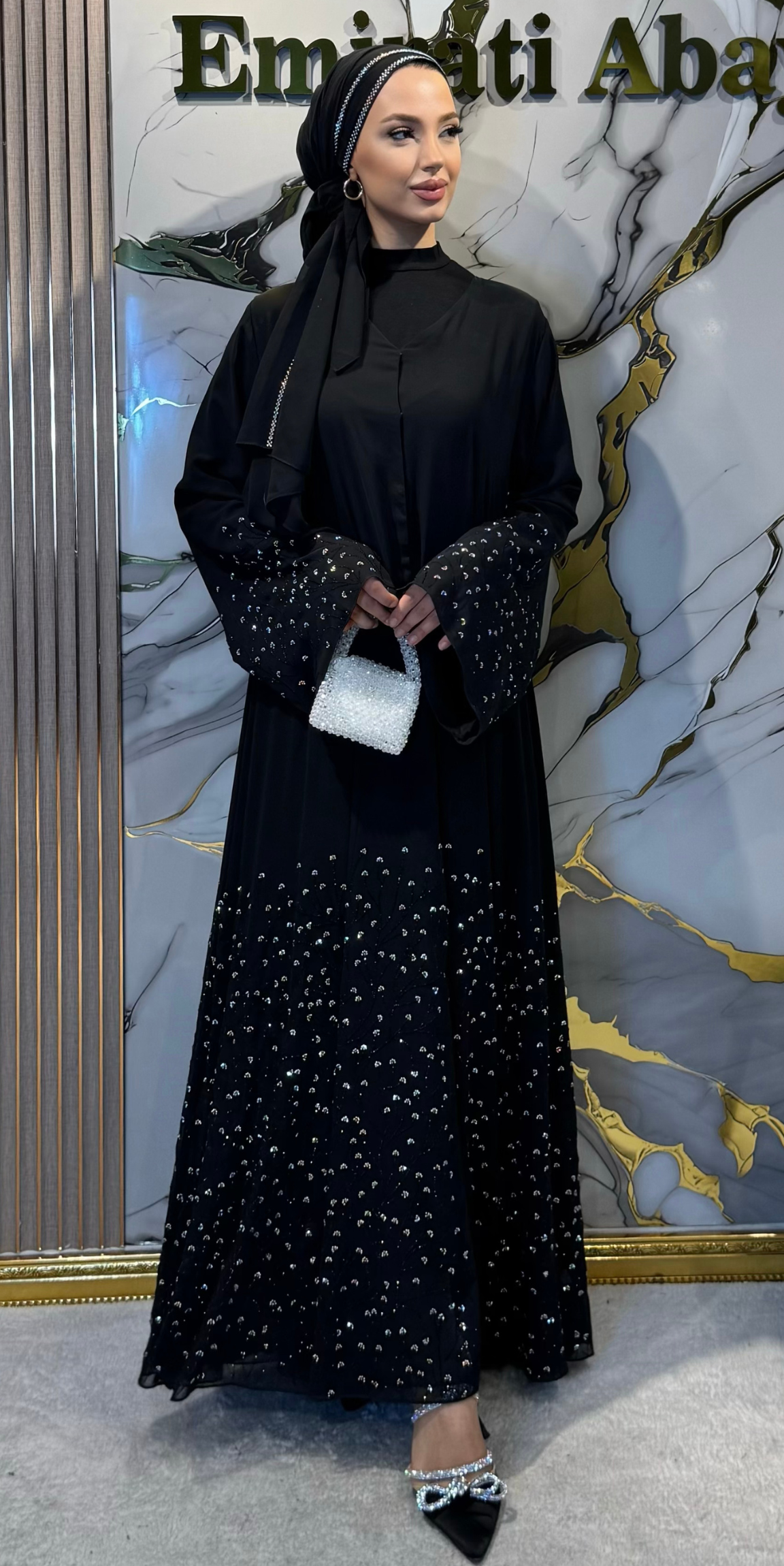 Etekleri Taşlı Papatya Çiçeği Motifli Siyah Şifon Abaya TM36 JSB