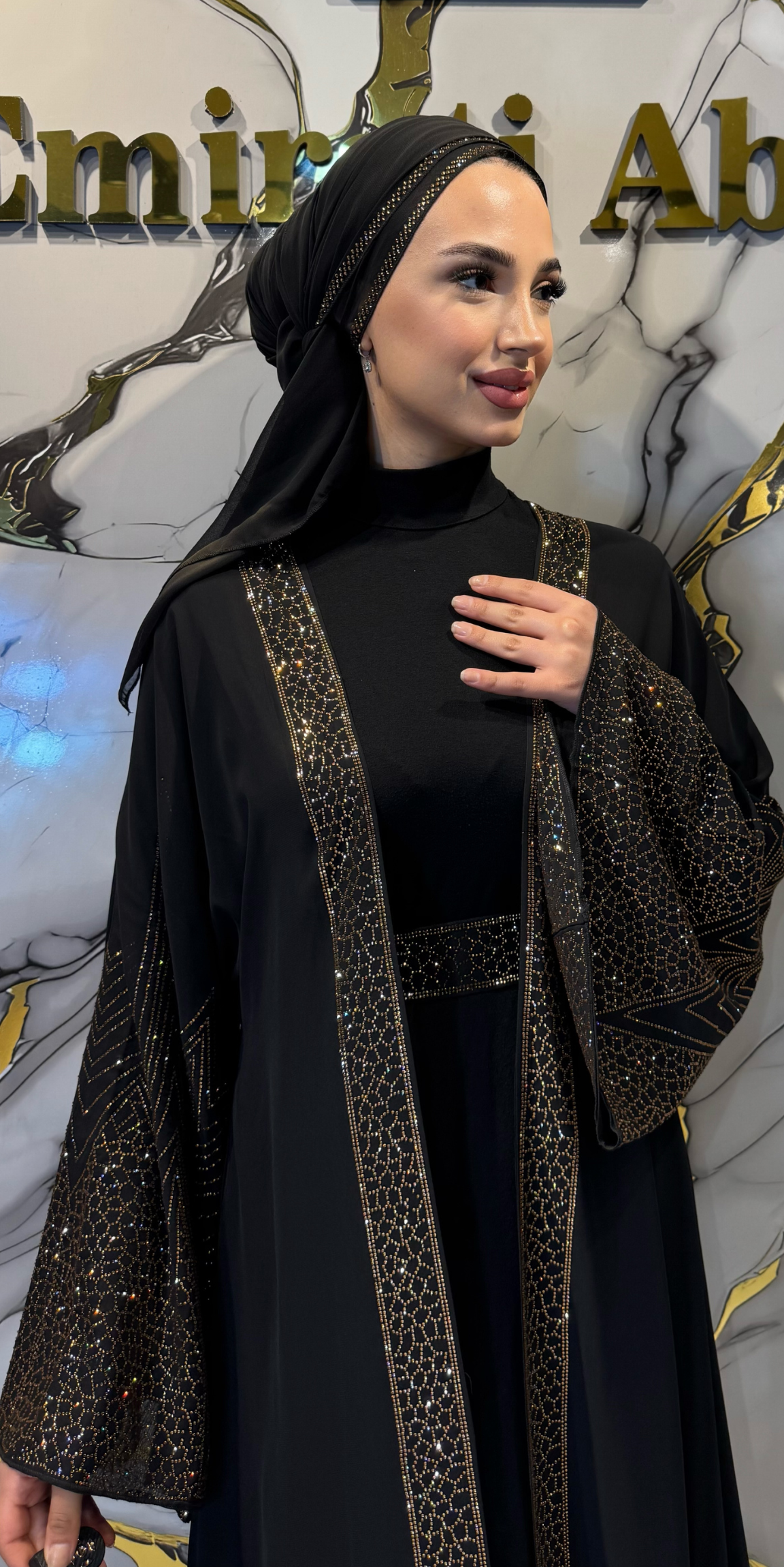 Dubai Stil Altın Swarovski Taşlı Premium Kore Şifon Abaya TM72 GSB - 3 Parça Lüks Set (Şal, Kemer Dahil) TM72 GSB