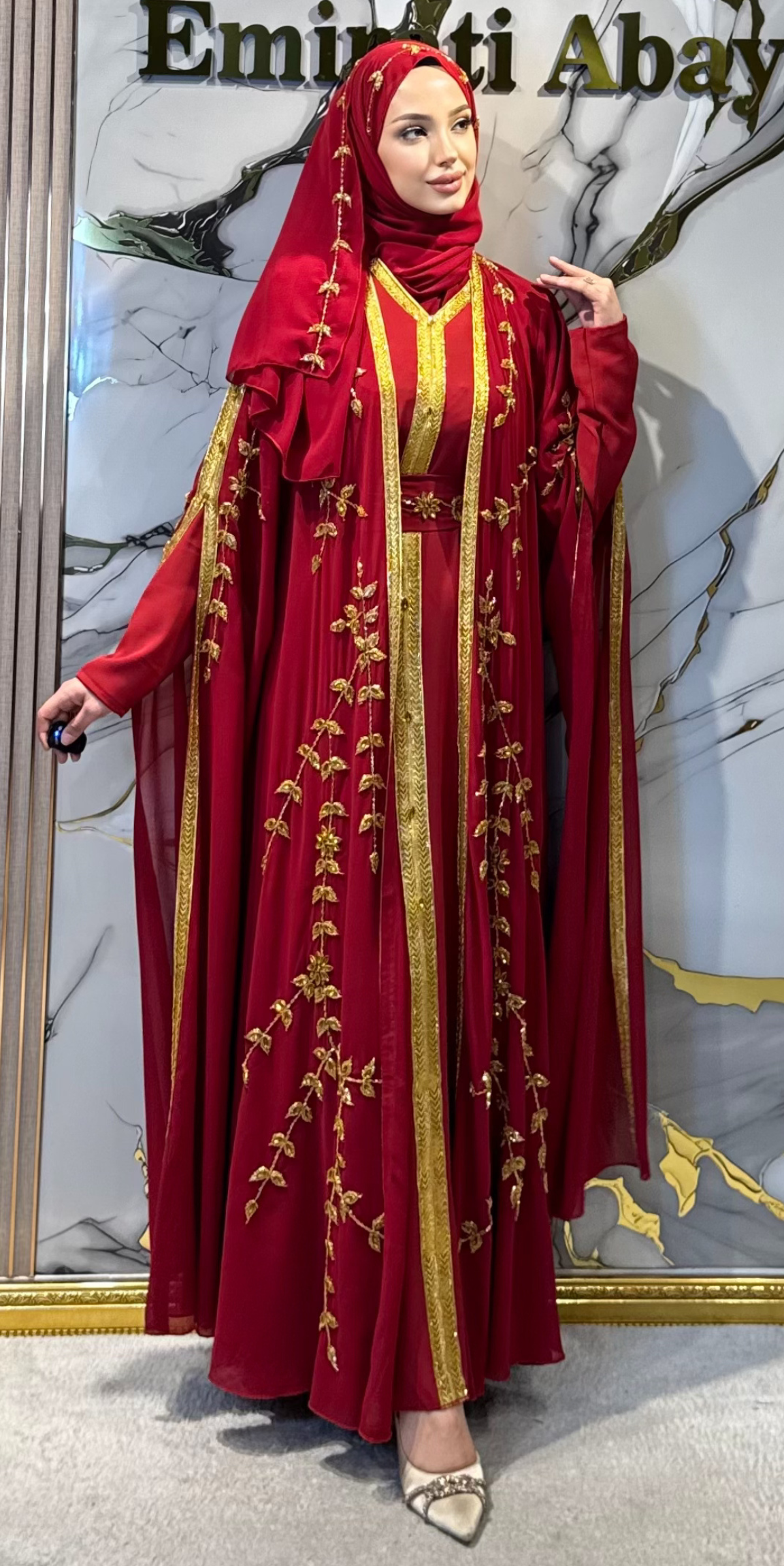 Bordo Yöresel 4 Parça Gold Taş İşlemeli El Yapımı Abaya Takım | EF001 GS BORDO