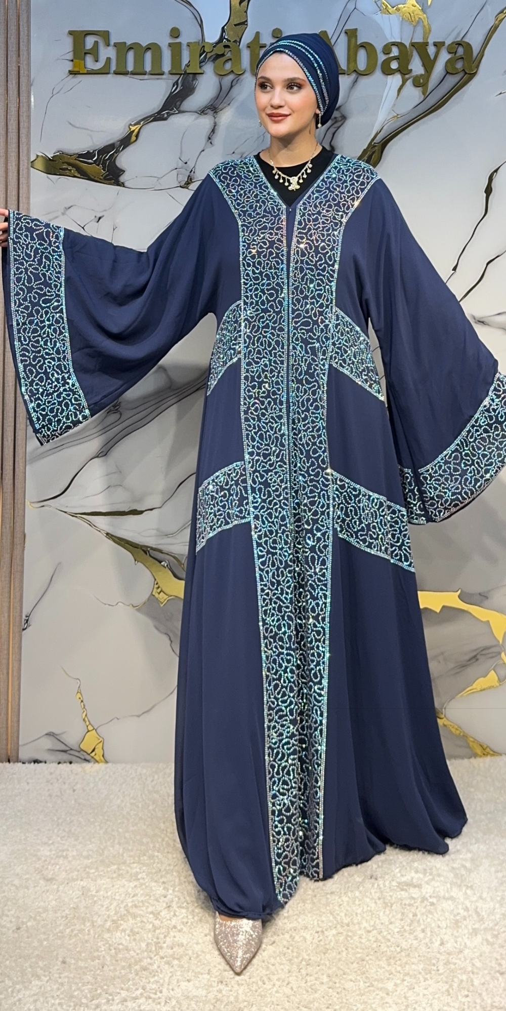 Janjanlı Panelli Lacivert Şifon Abaya | LY77 JSL