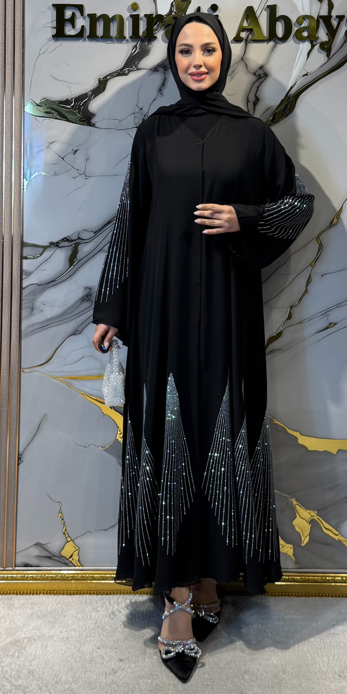 Black Abaya with Swarovski Crystal Skirt TM55 WSSB