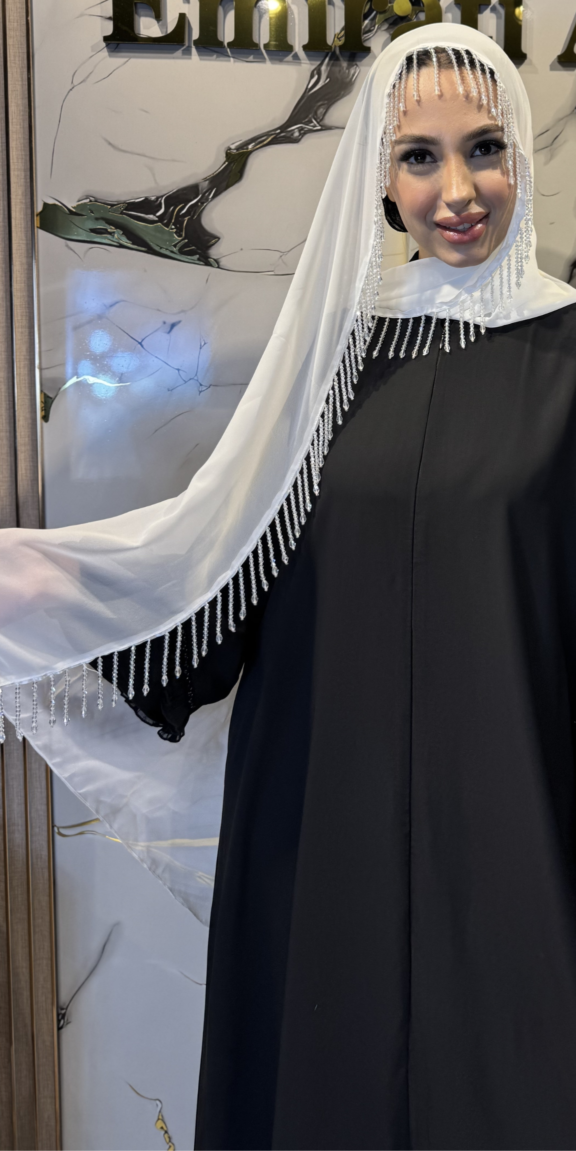 Beyaz Kore Şifon Beyaz Taşlı Şal 180x75cm SAL18 WSW - Premium Zarif Model