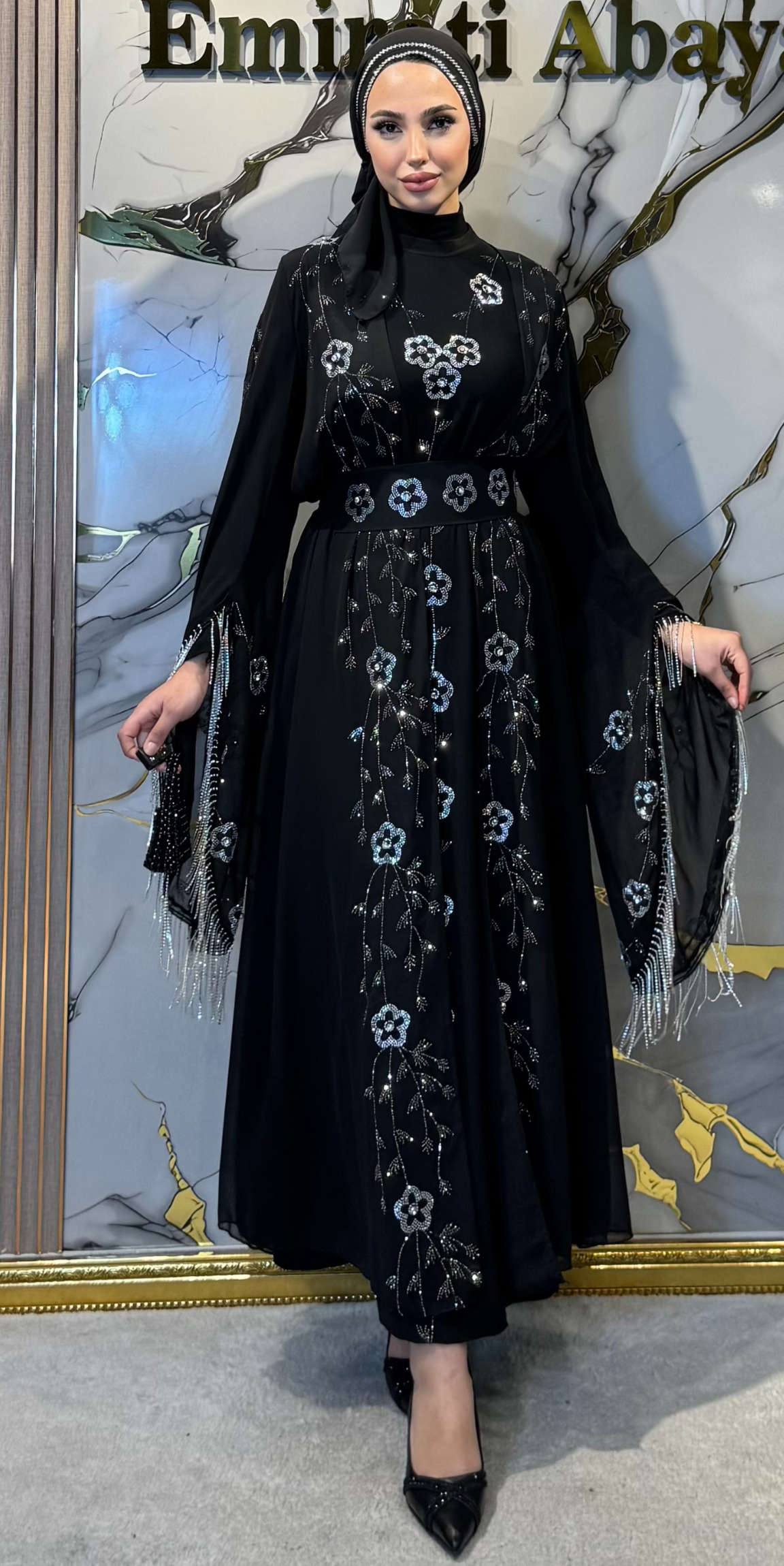 Beyaz Swarovski Taşlı Kore Şifon Dubai Stil Yöresel Abaya