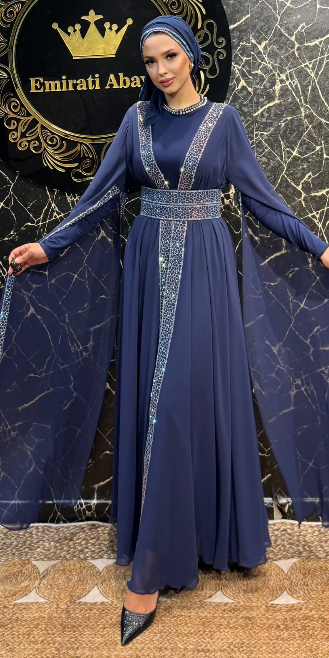 Traditional Navy Blue Chiffon Abaya Set with Shimmering Stone Trim WS49 JS BLUE
