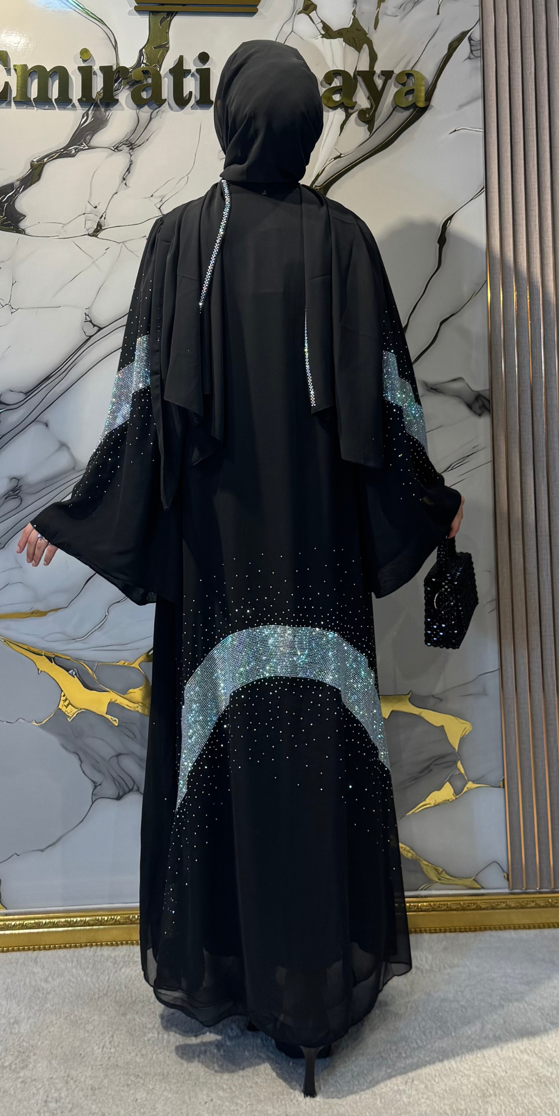 Çapraz Janjan Taşlı Siyah Şifon Abaya | Işıltılı Düğün Abayası TM35 JSDB